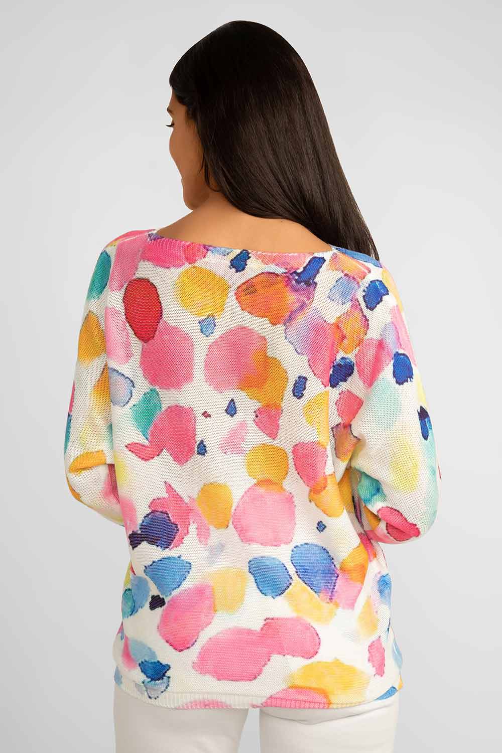 Back view of Carre Noir (6802) Women's Long Sleeve Printed Dot Lightweight Pullover Sweater in a pink dot print accented by blues and yellows