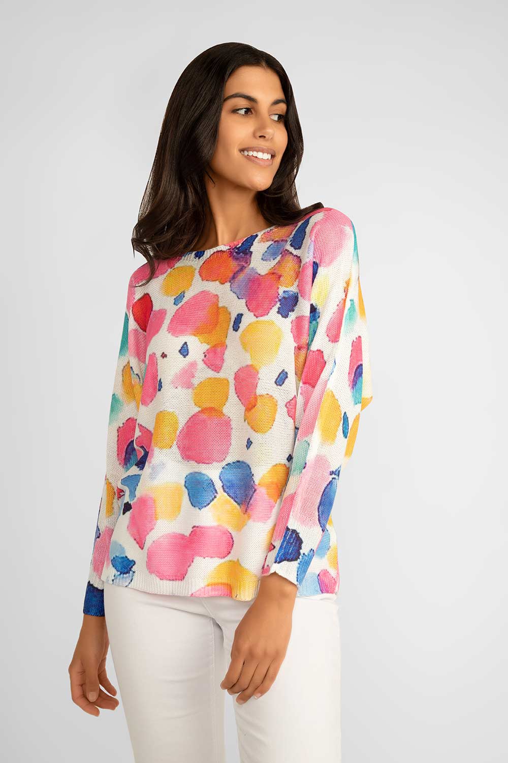 Carre Noir (6802) Women's Long Sleeve Printed Dot Lightweight Pullover Sweater in a pink dot print accented by blues and yellows