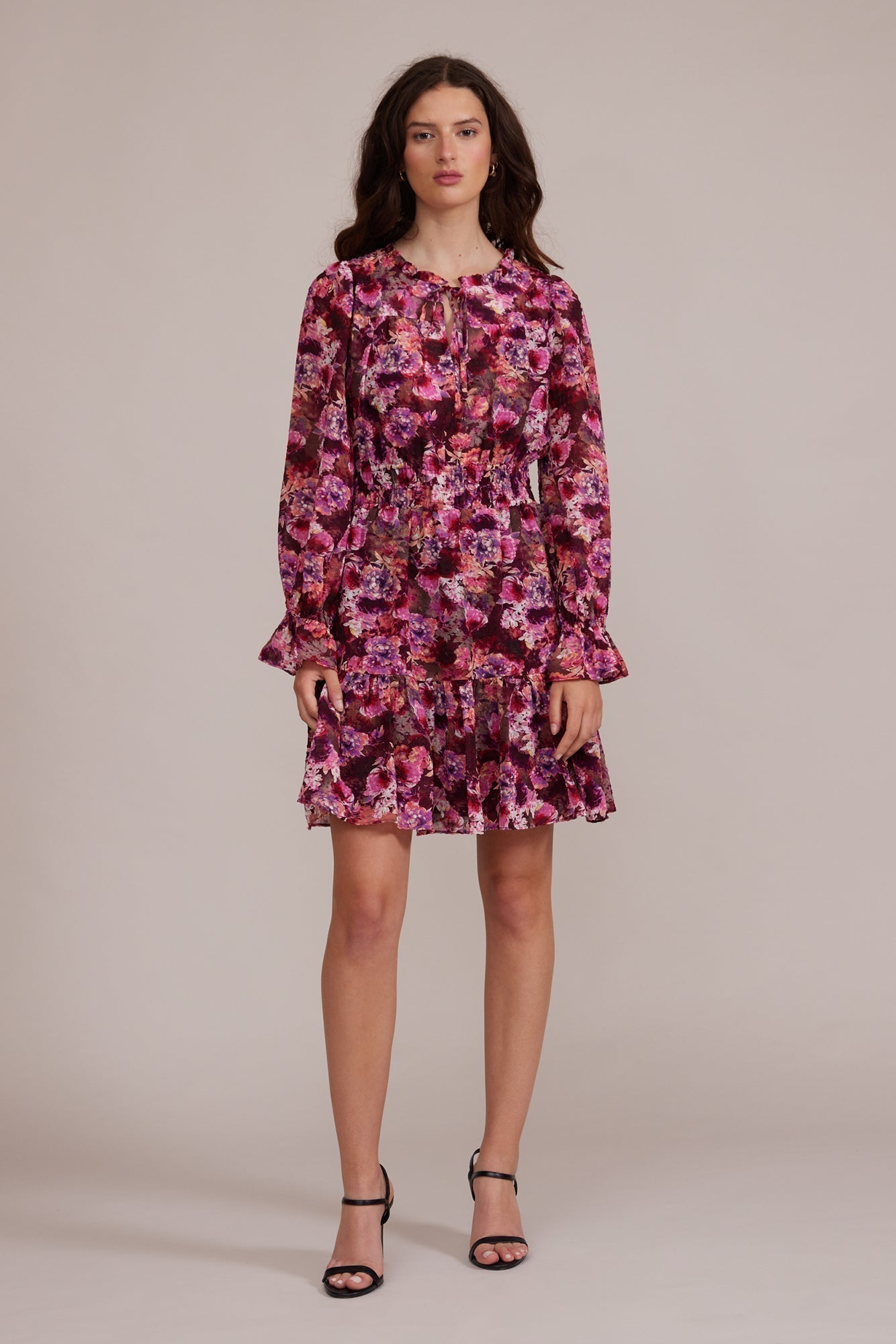 Lucy Paris (DR8007) Women's Long Puff Sleeve Mini Dress With Split V-Neck and Ruffle Trim in a Pink Floral Print