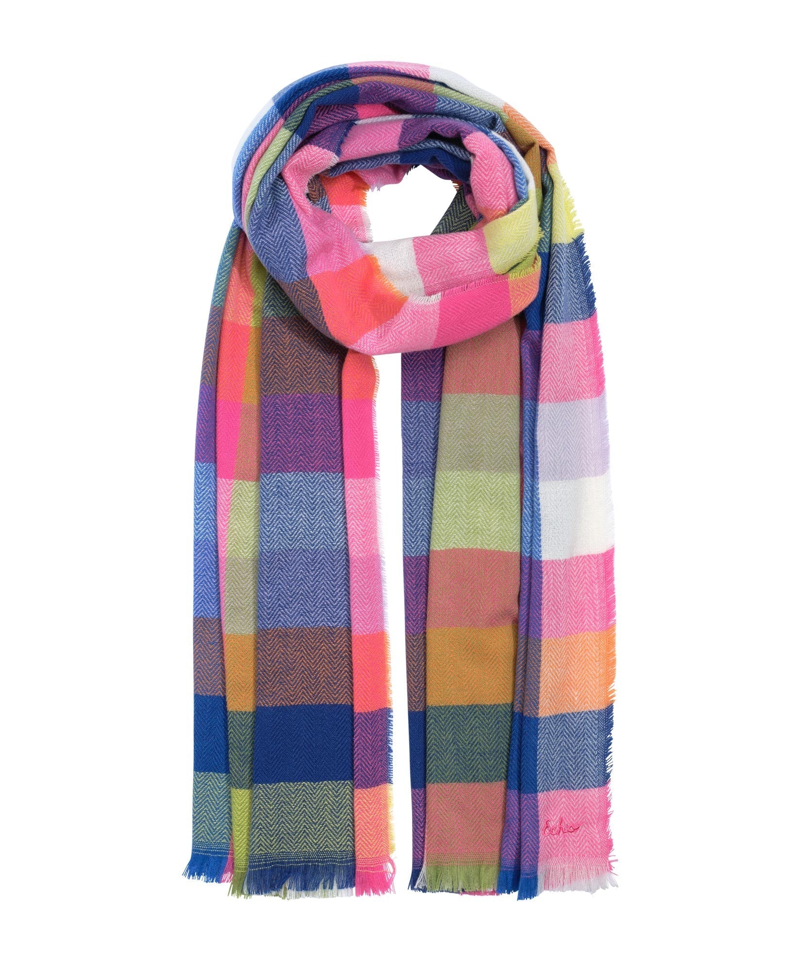 (EC0781) Sophie Scarf - Women's Scarf with short fringe in Multi-colour plaid with Pinks and blues 