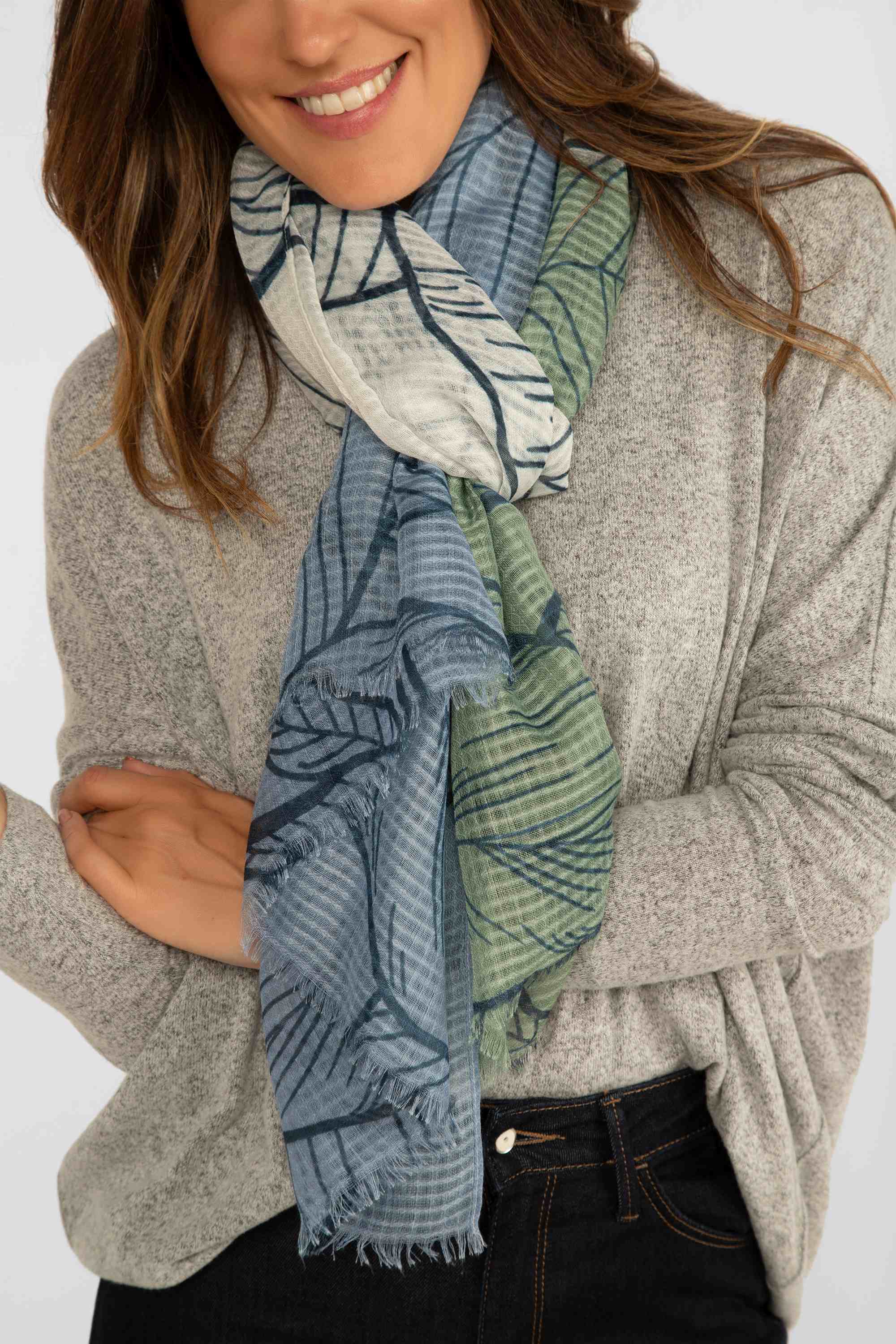 Echo (EN1350) Women's Foliage print Wrap Scarf in Neutral Blue Green and Natural White