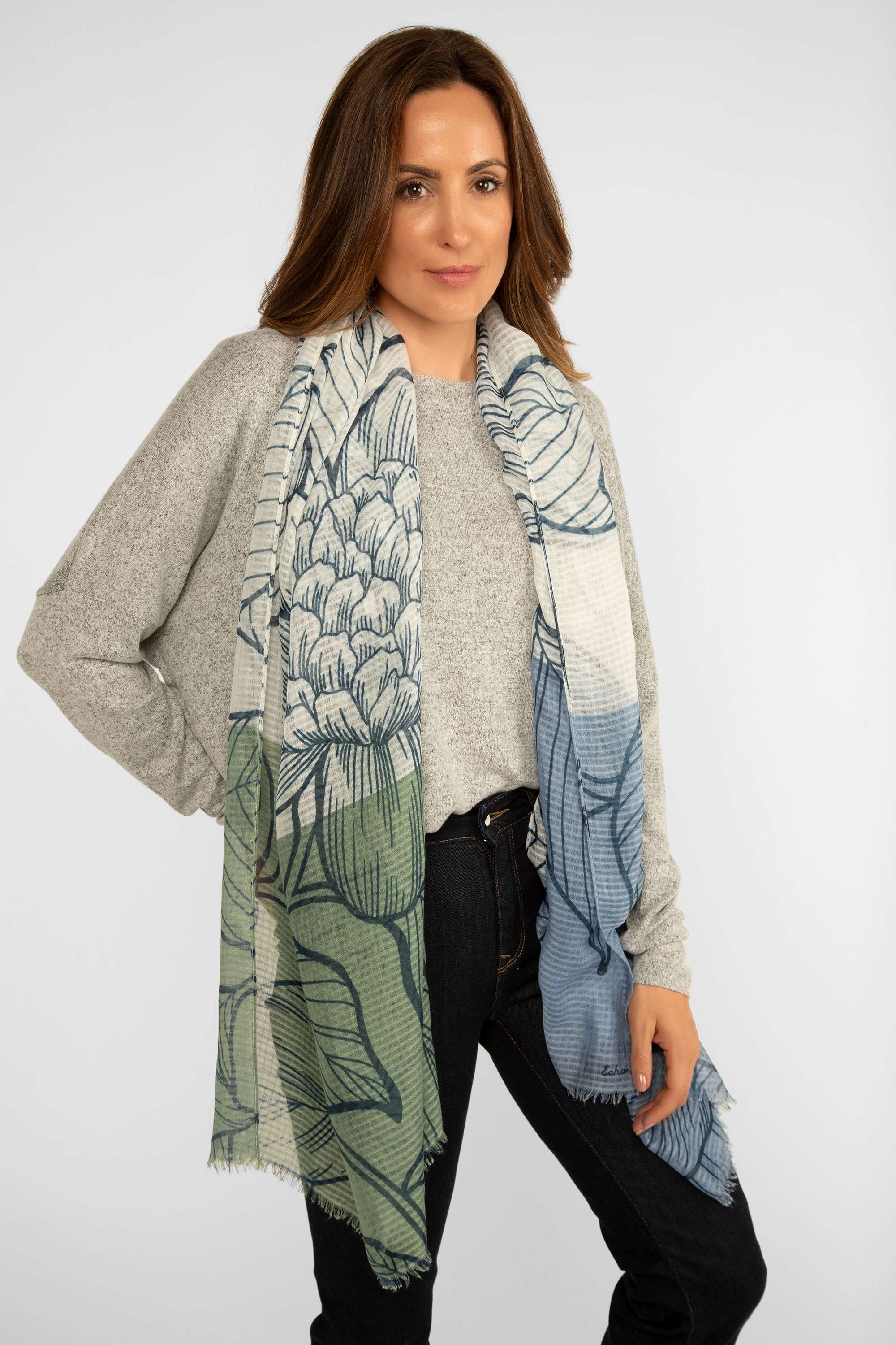 Echo (EN1350) Women's Foliage print Wrap Scarf in Neutral Blue Green and Natural White