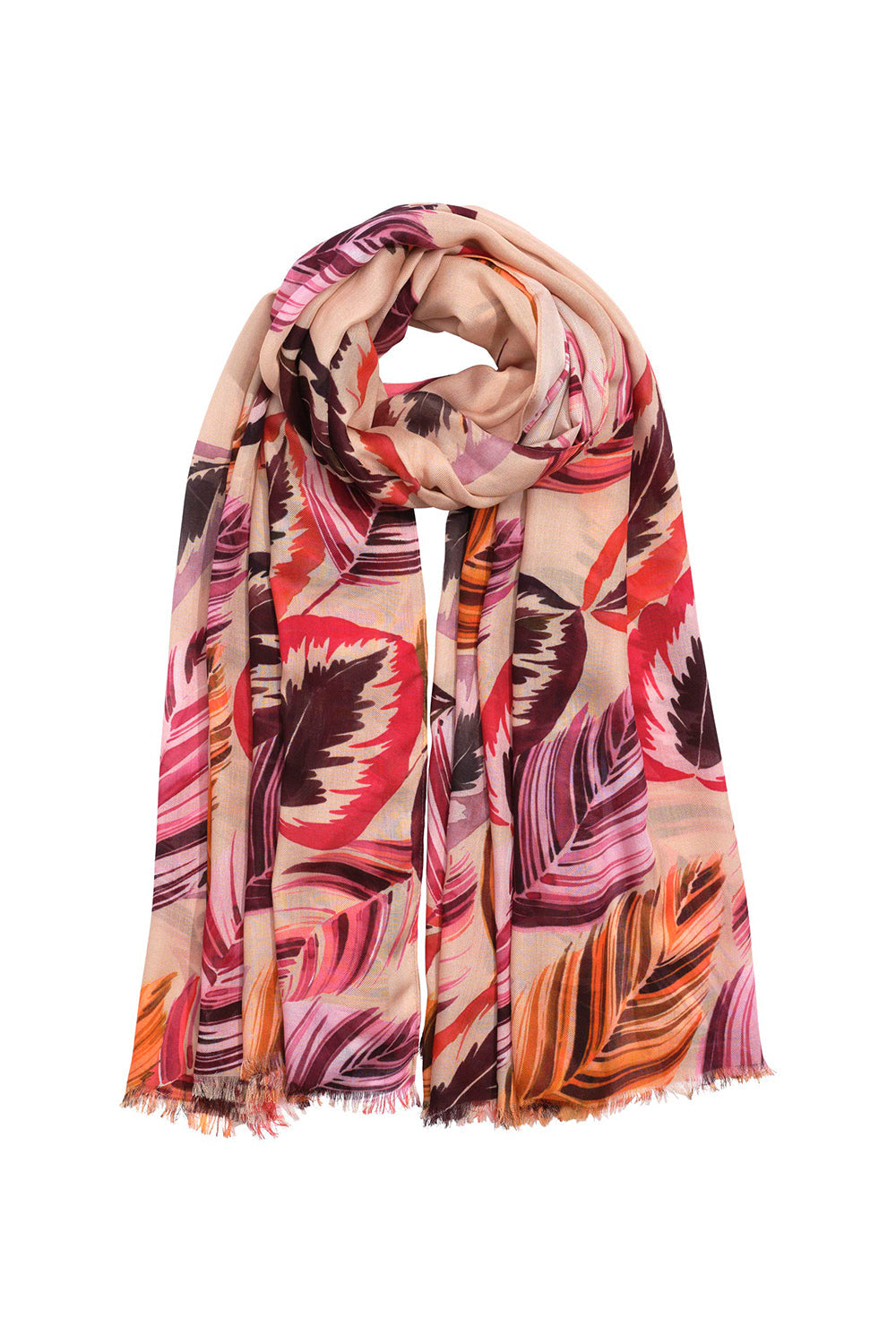 Echo (EN1362) Women's Falling Leaves Wrap Scarf in a Pink, Yellow and purple Foliage print