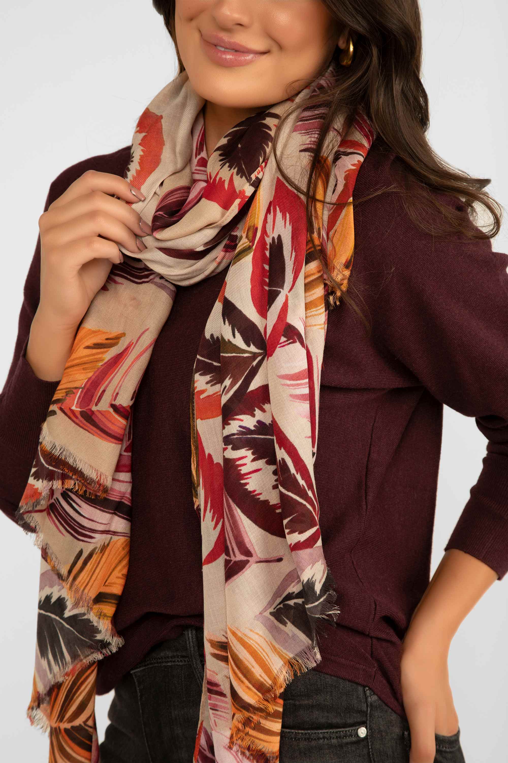 Echo (EN1362) Women's Falling Leaves Wrap Scarf in a Pink, Yellow and purple Foliage print