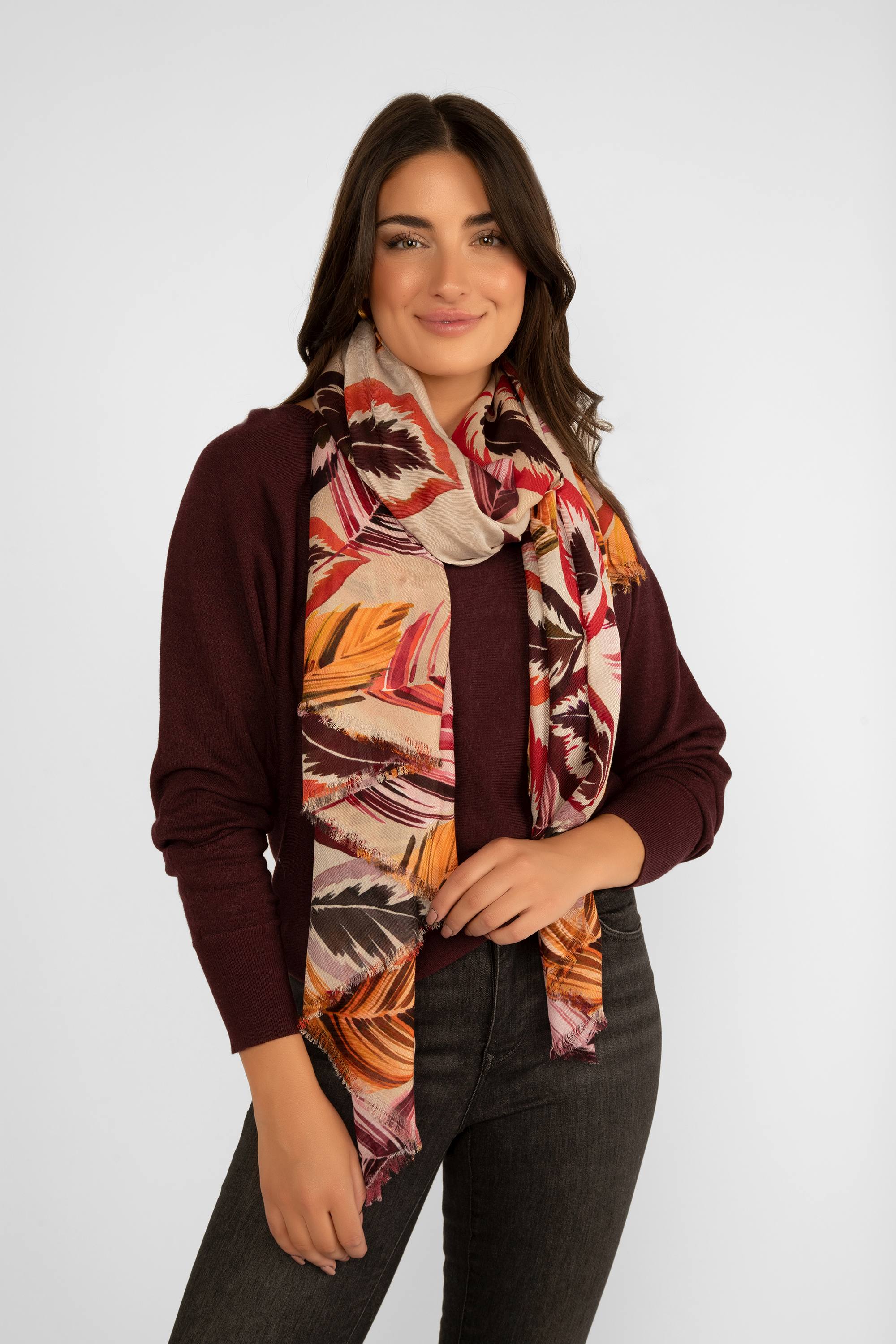 Echo (EN1362) Women's Falling Leaves Wrap Scarf in a Pink, Yellow and purple Foliage print