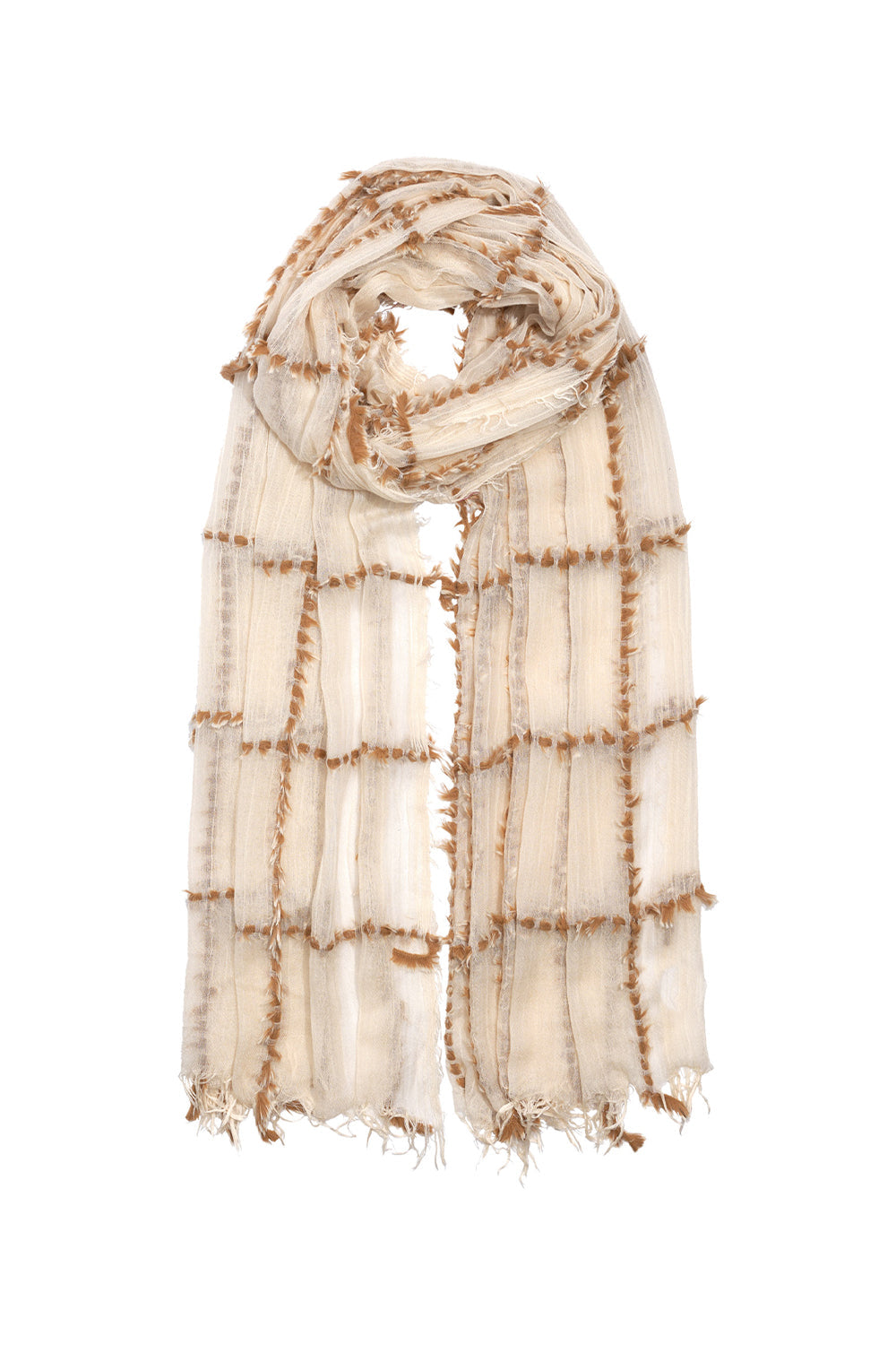 Echo (EN1371) Women's Cream with Brown Fuzzy Plaid Wrap Scarf