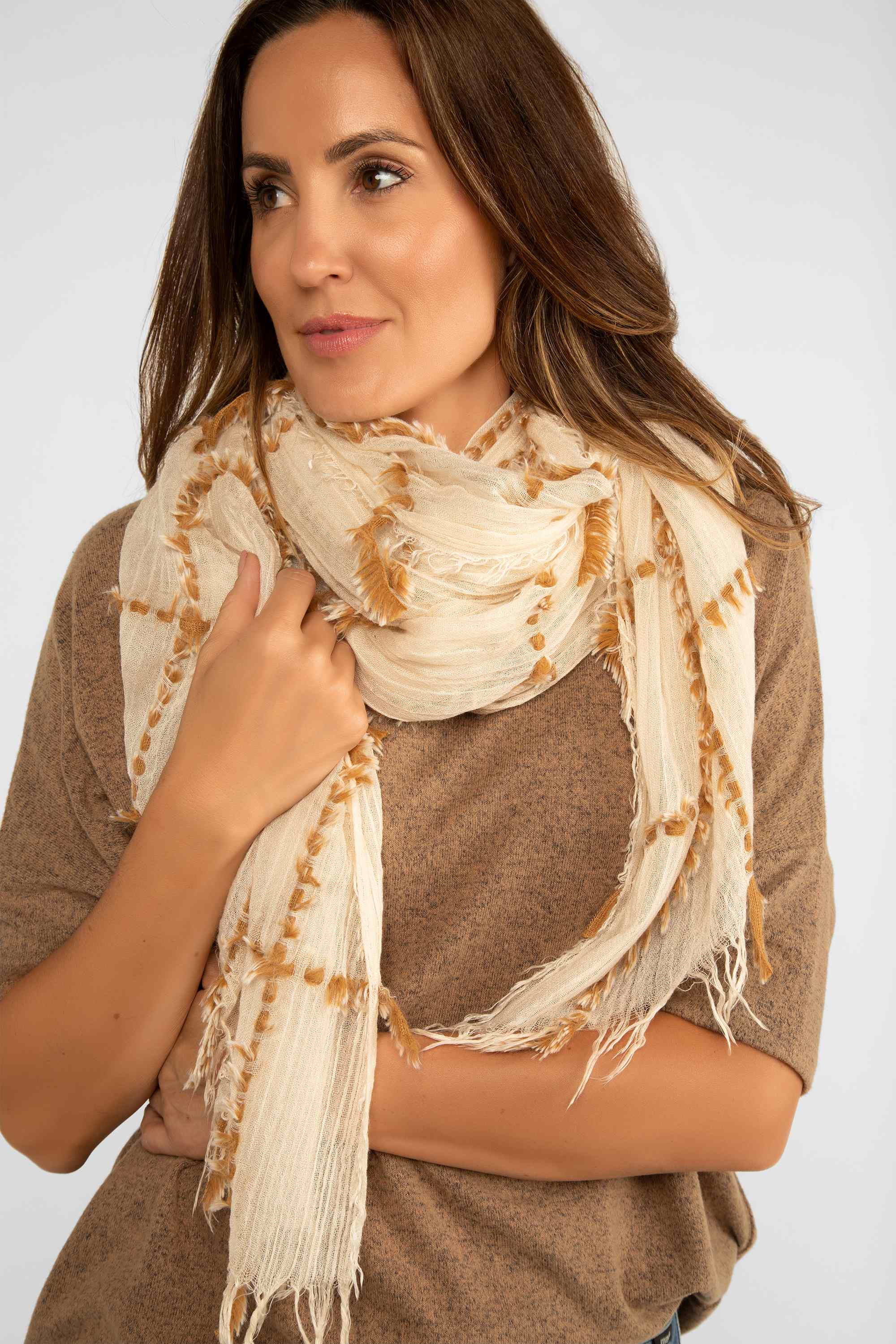 Echo (EN1371) Women's Cream with Brown Fuzzy Plaid Wrap Scarf