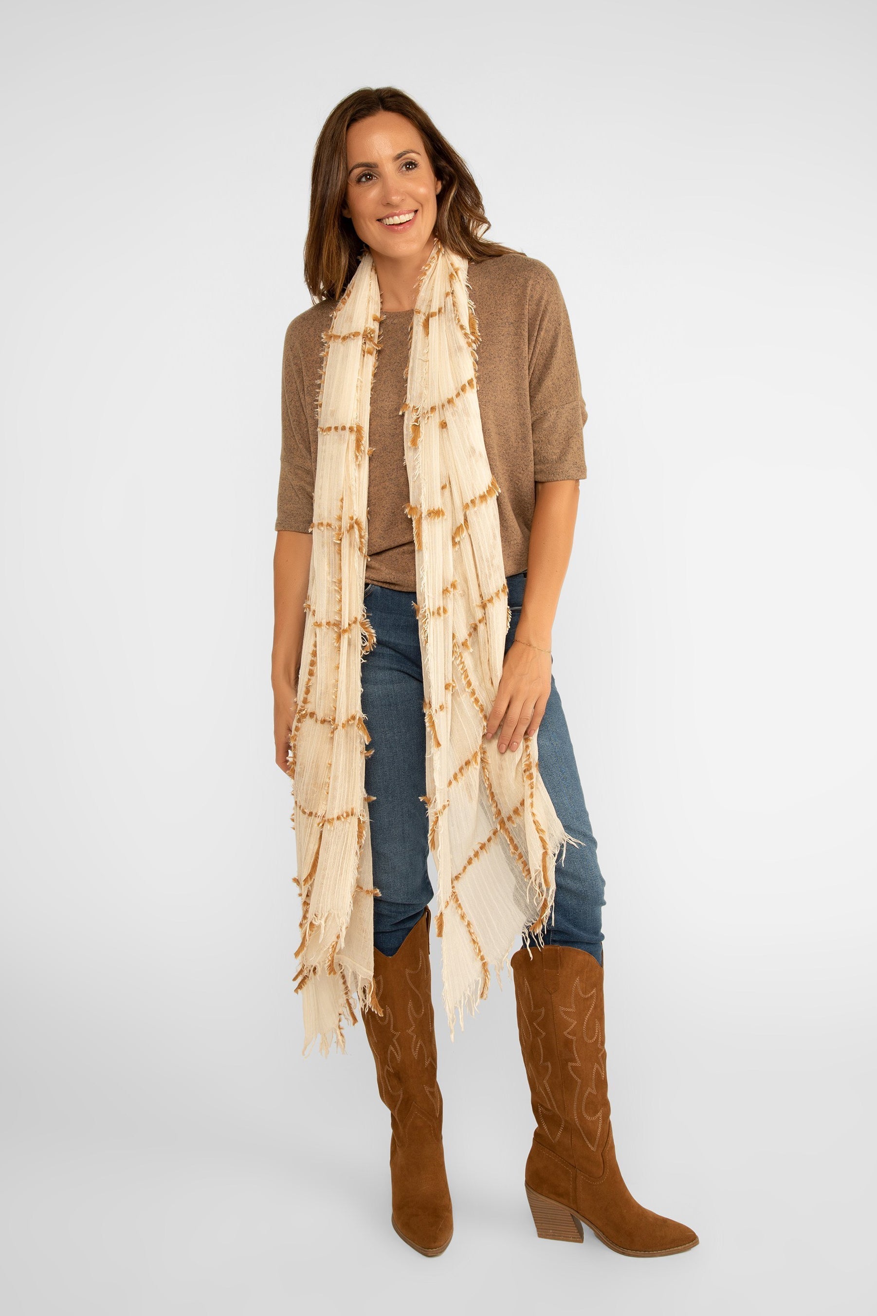 Echo (EN1371) Women's Cream with Brown Fuzzy Plaid Wrap Scarf