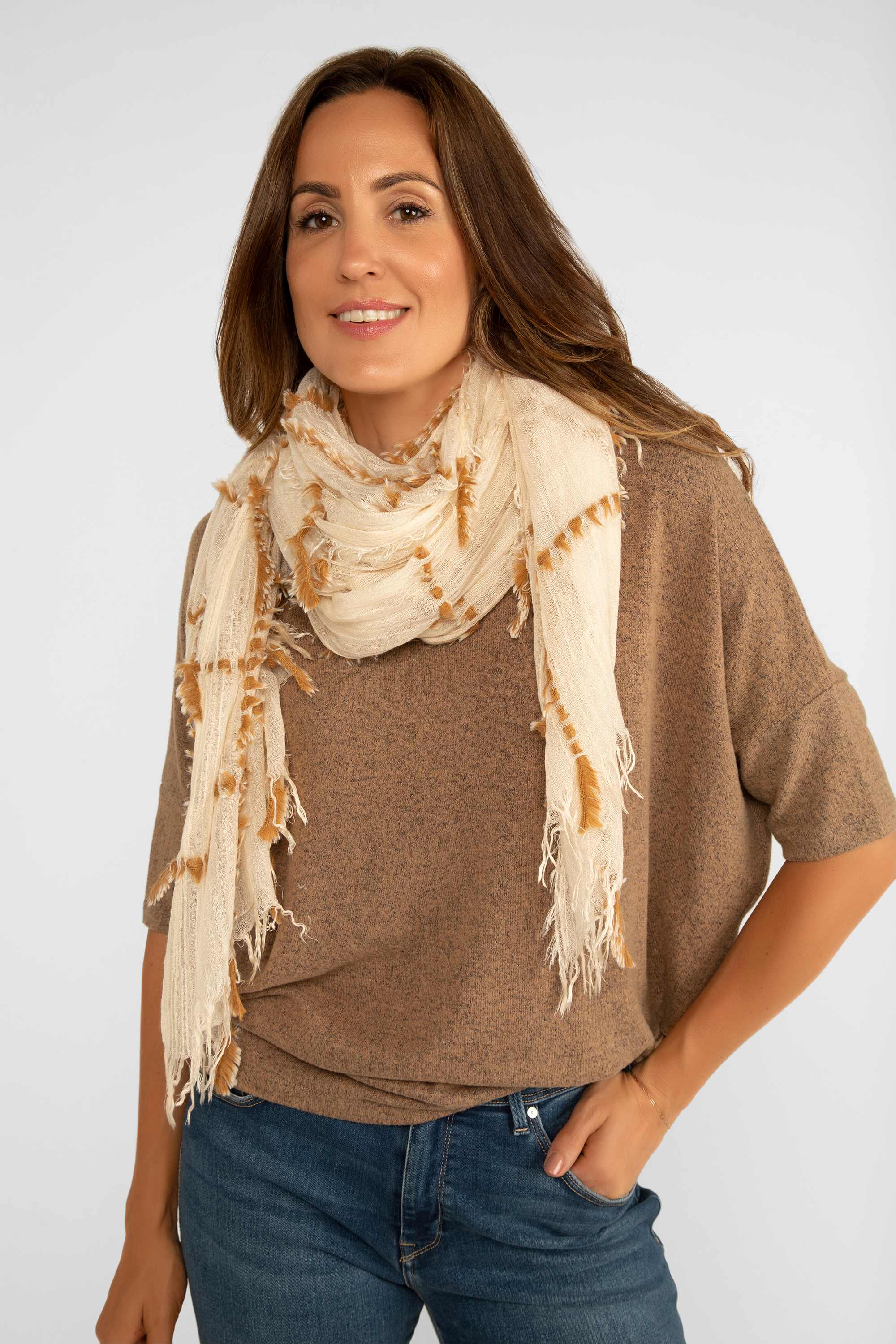 Echo (EN1371) Women's Cream with Brown Fuzzy Plaid Wrap Scarf