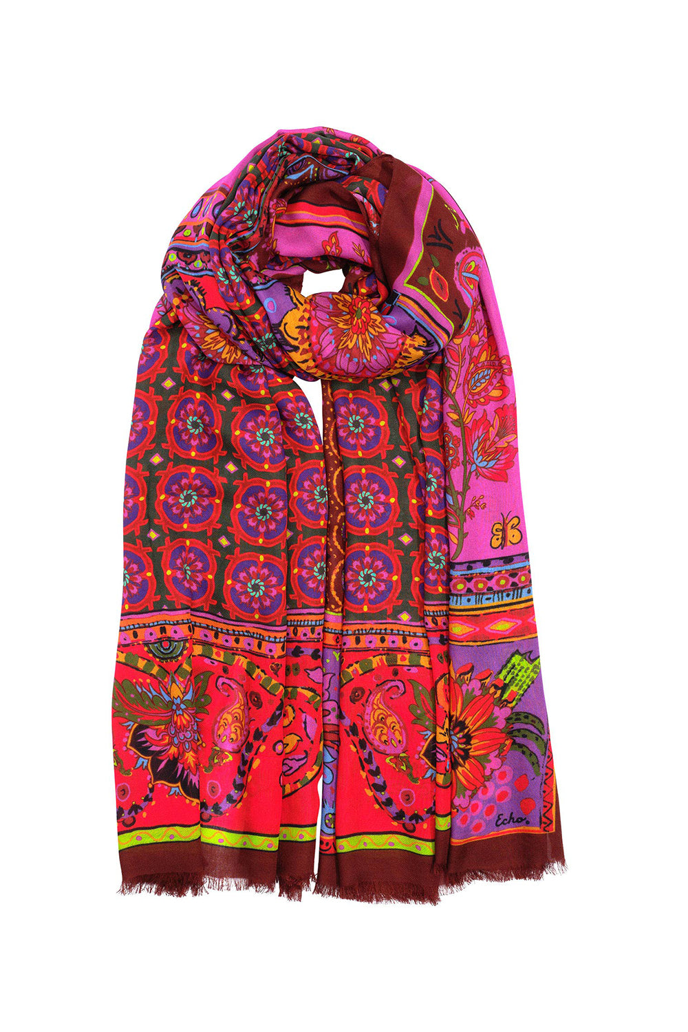 Echo (EN1372) Women's Ornate Floral Tile Printed Wrap Scarf in Pink & Red