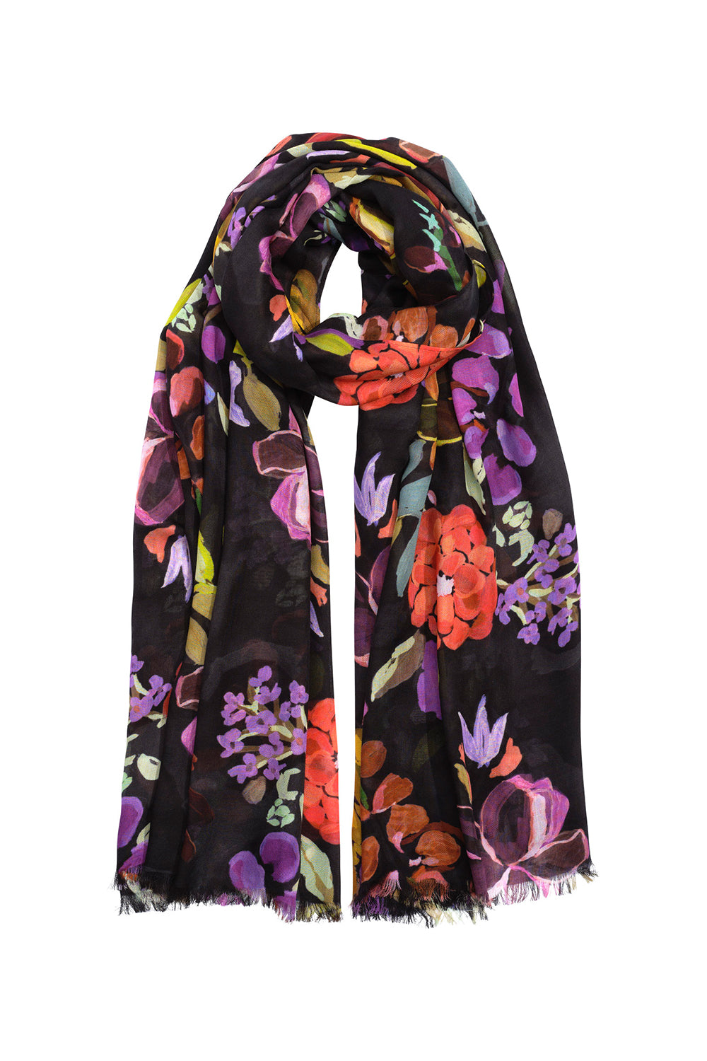 Echo (EN1373) Women's Floral Printed Wrap Scarf in Red and Purple over Black