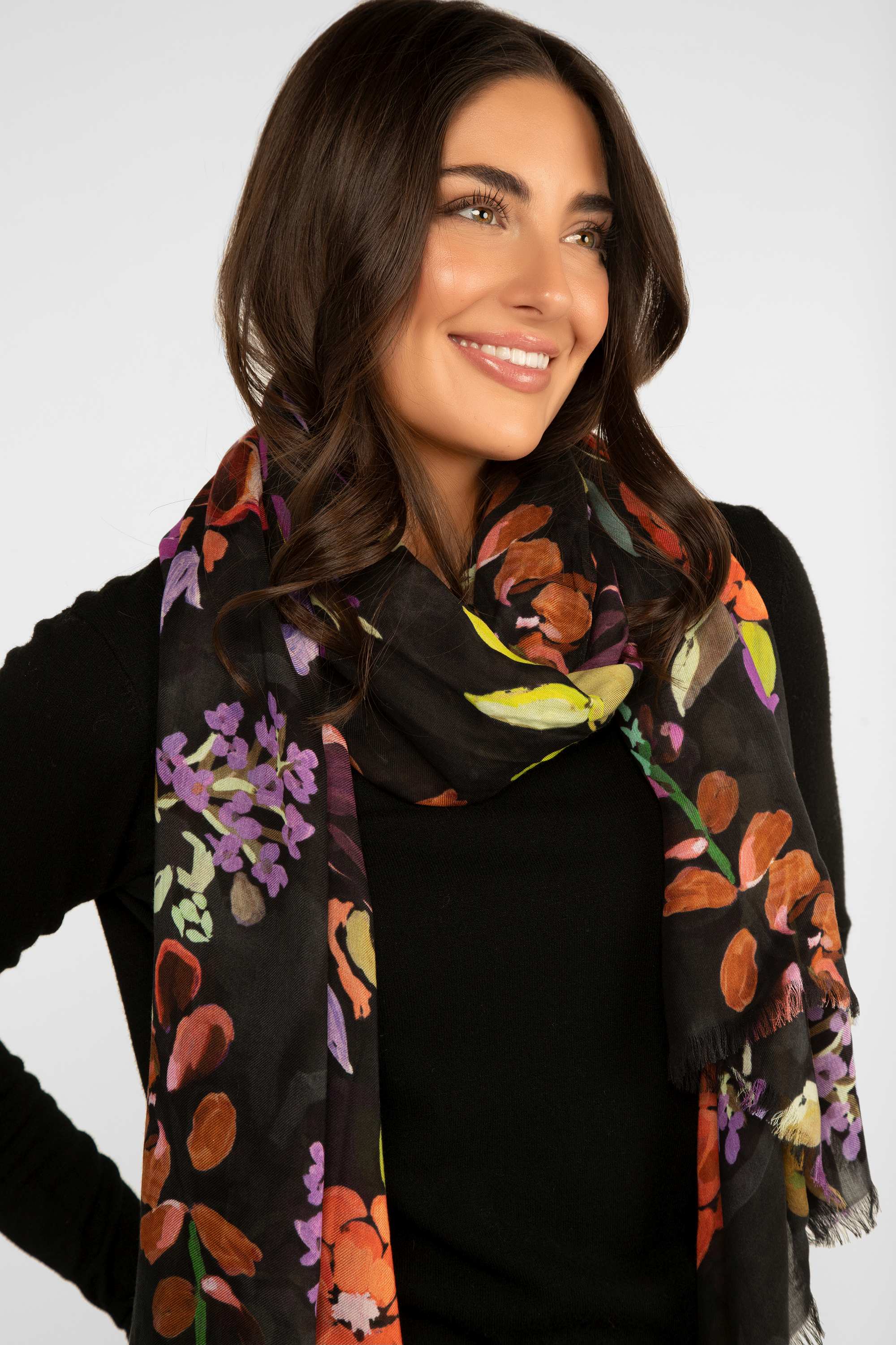 Echo (EN1373) Women's Floral Printed Wrap Scarf in Red and Purple over Black