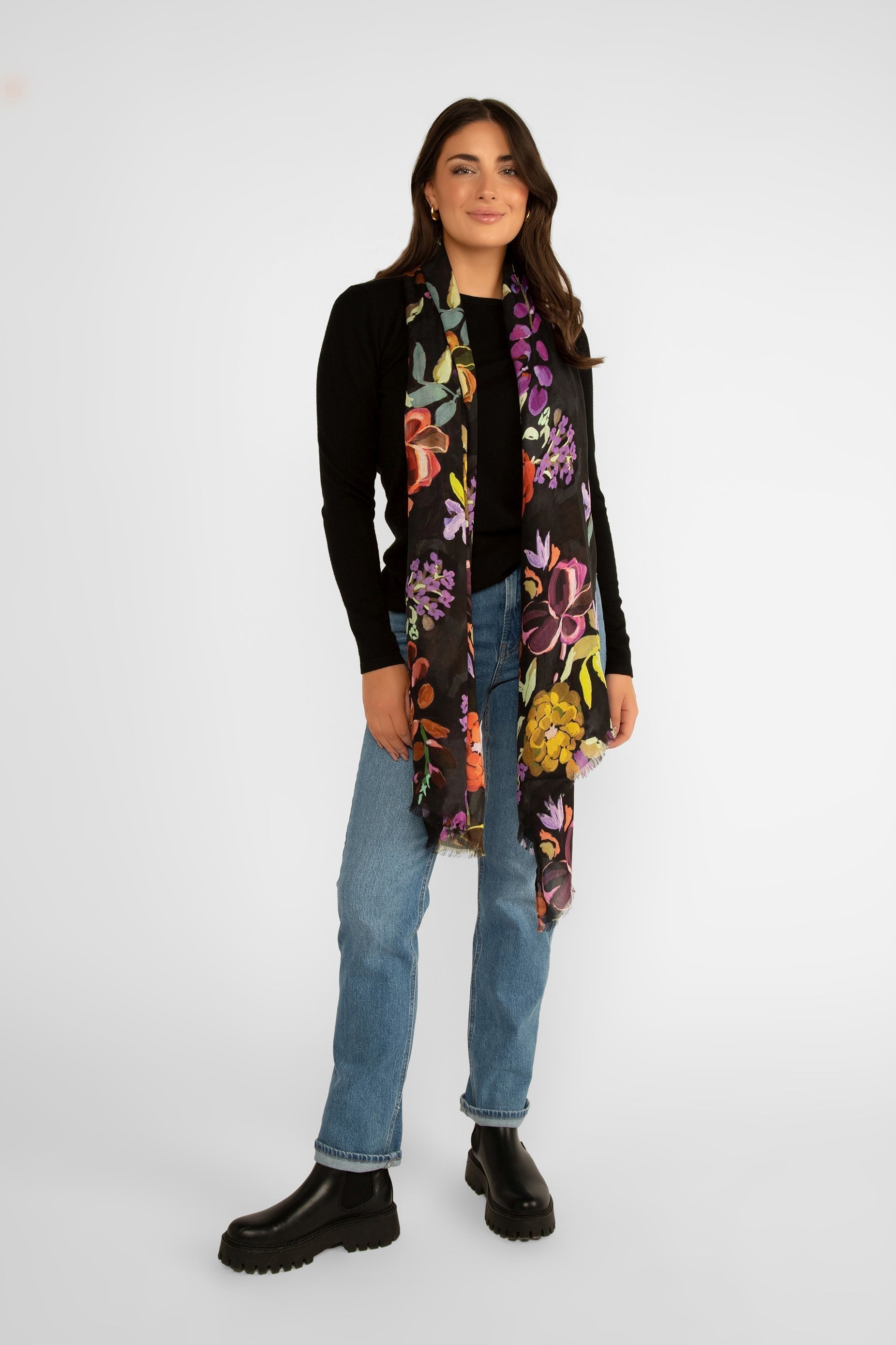 Echo (EN1373) Women's Floral Printed Wrap Scarf in Red and Purple over Black