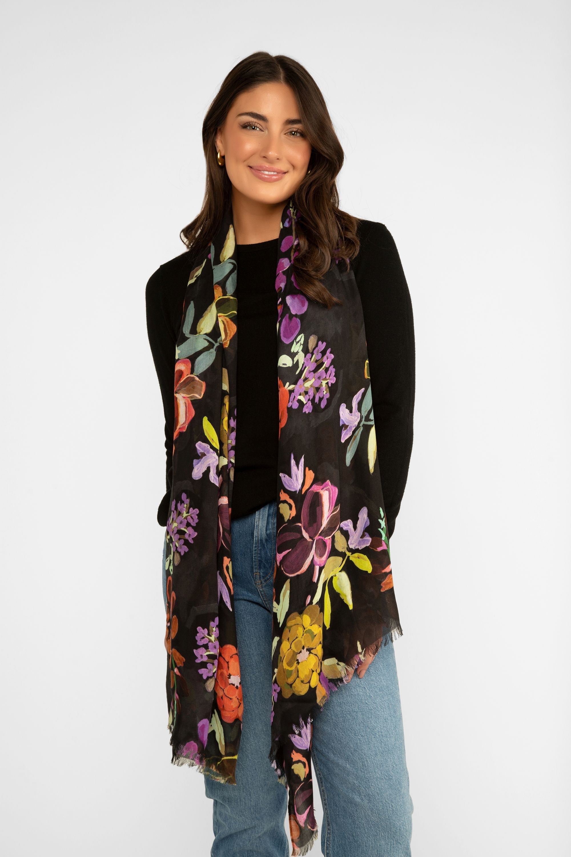 Echo (EN1373) Women's Floral Printed Wrap Scarf in Red and Purple over Black