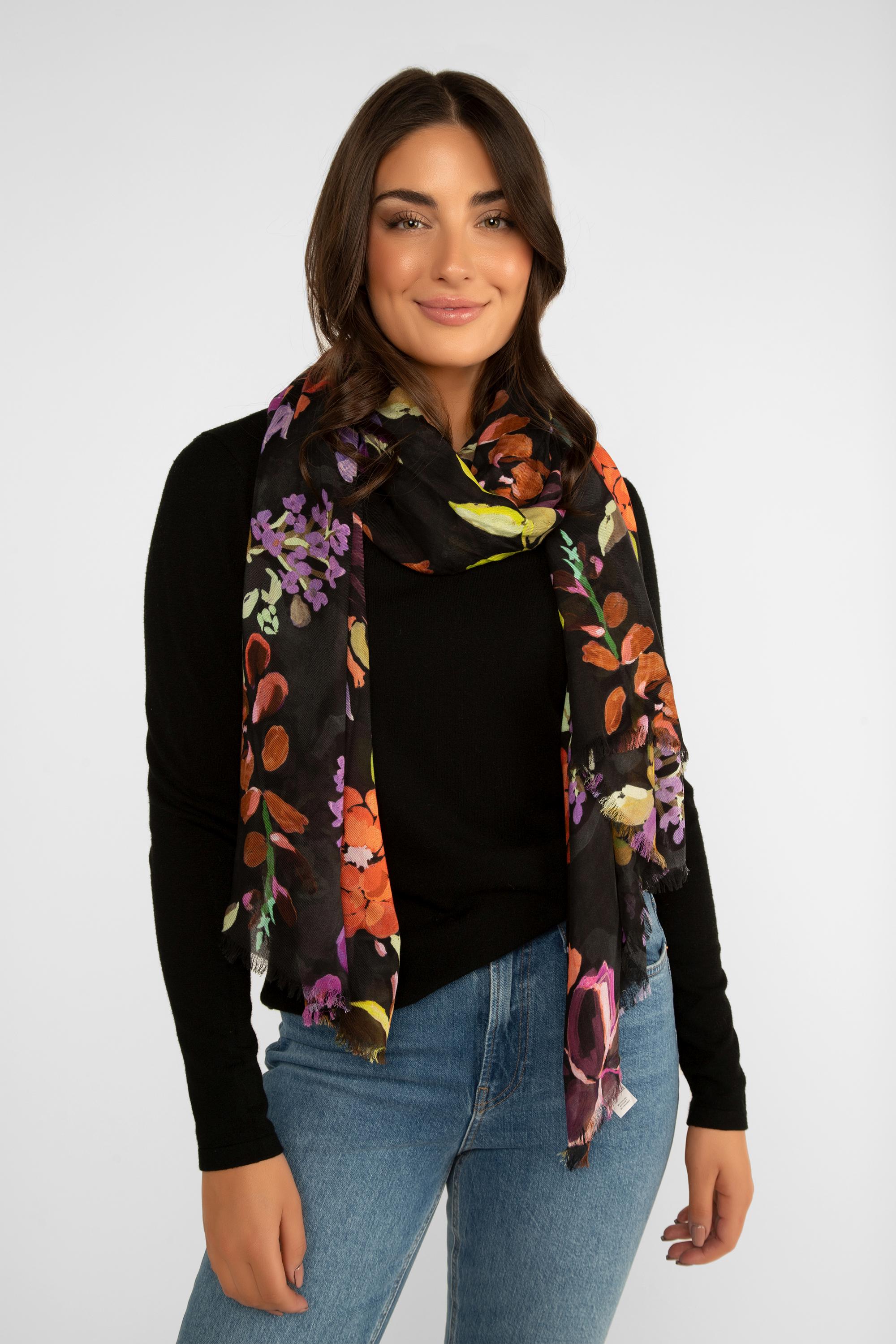 Echo (EN1373) Women's Floral Printed Wrap Scarf in Red and Purple over Black