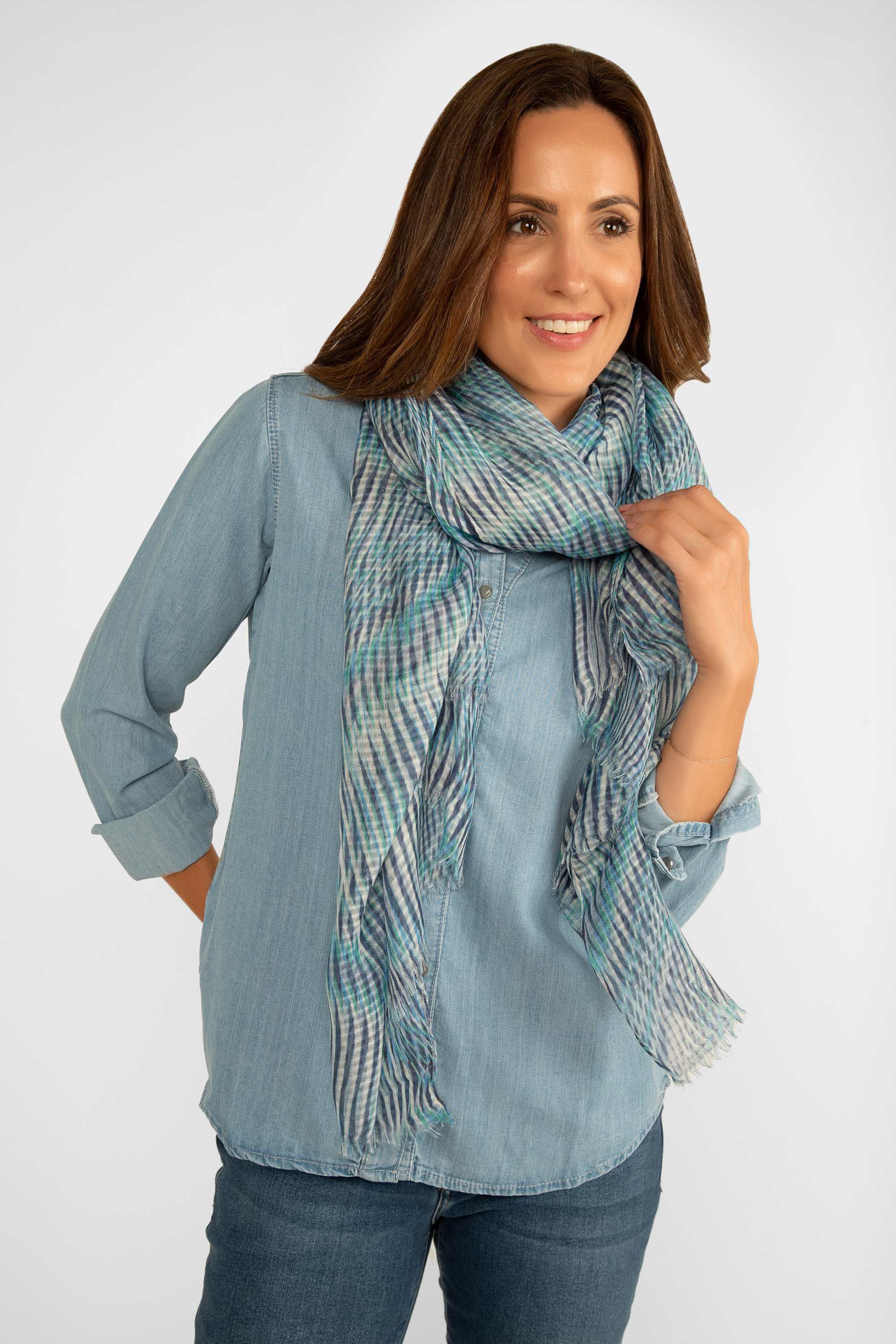 Echo (EN1392) Women's Blue Wave Wrap Scarf in a Blue Geometric Pint