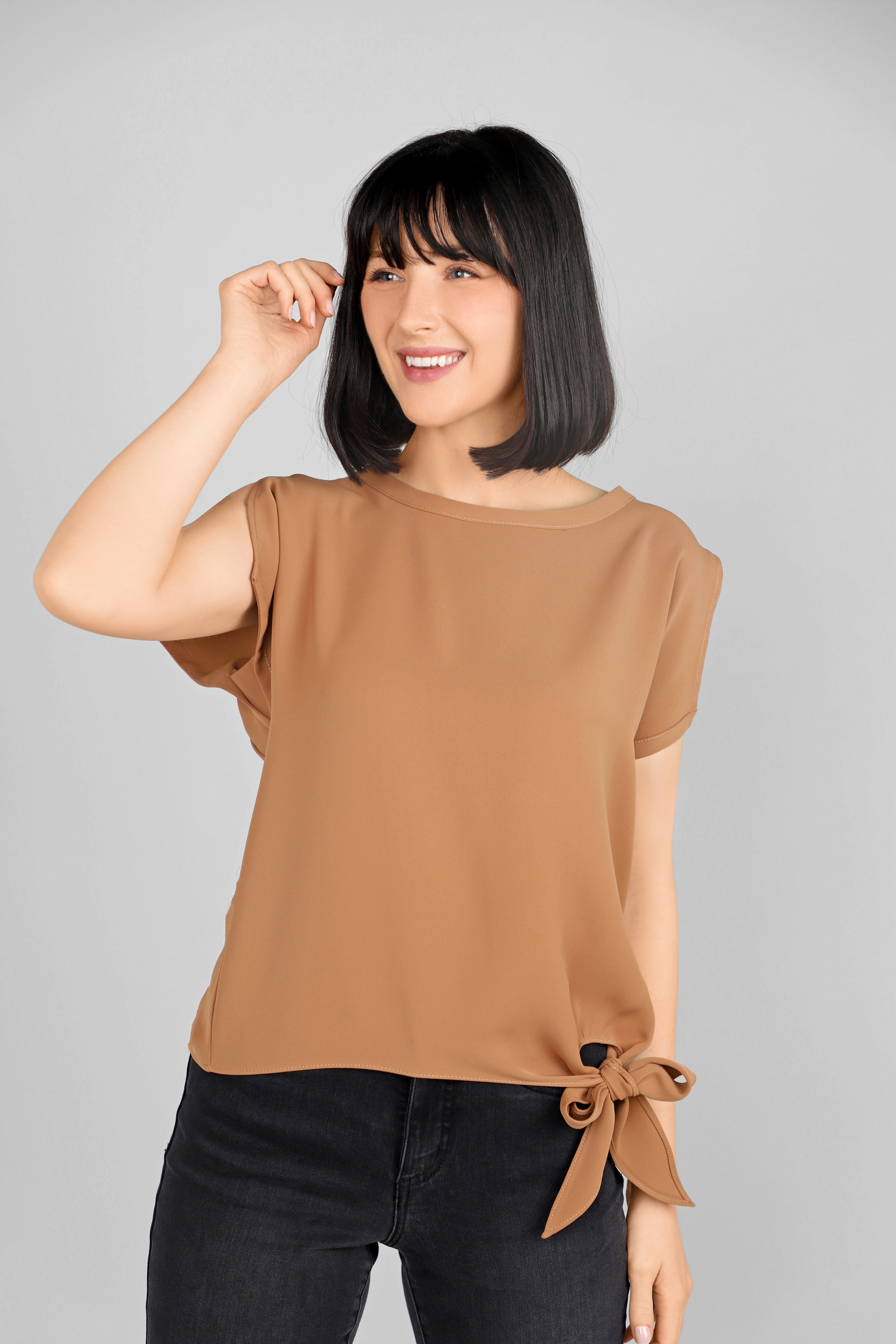 Women's Clothing FRANK LYMAN (181224) Short Sleeve Top with Side Tie in CHESTNUT