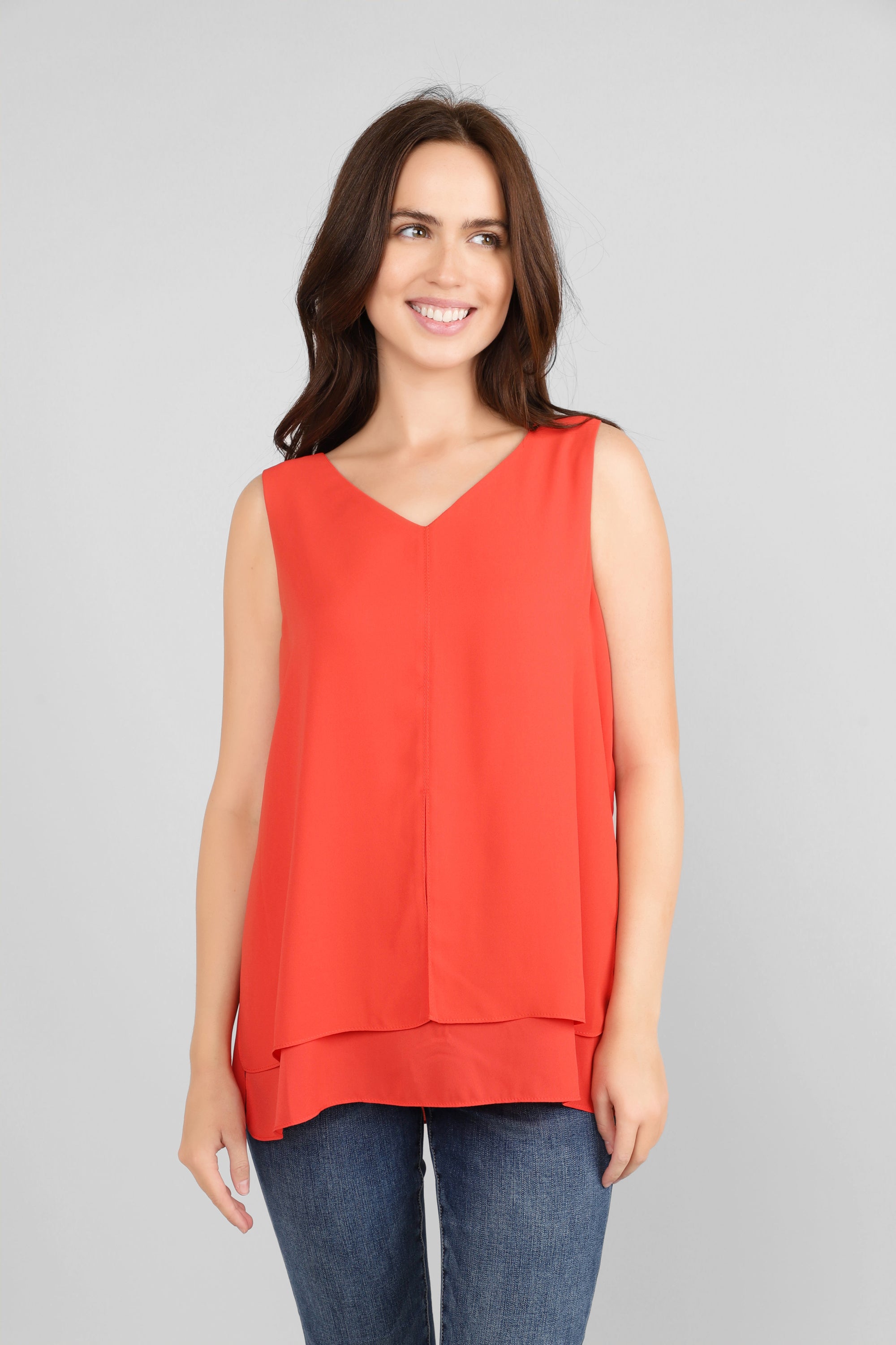 Frank Lyman (214326) Women's Sleeveless V-Neck Georgette Top in FIRE