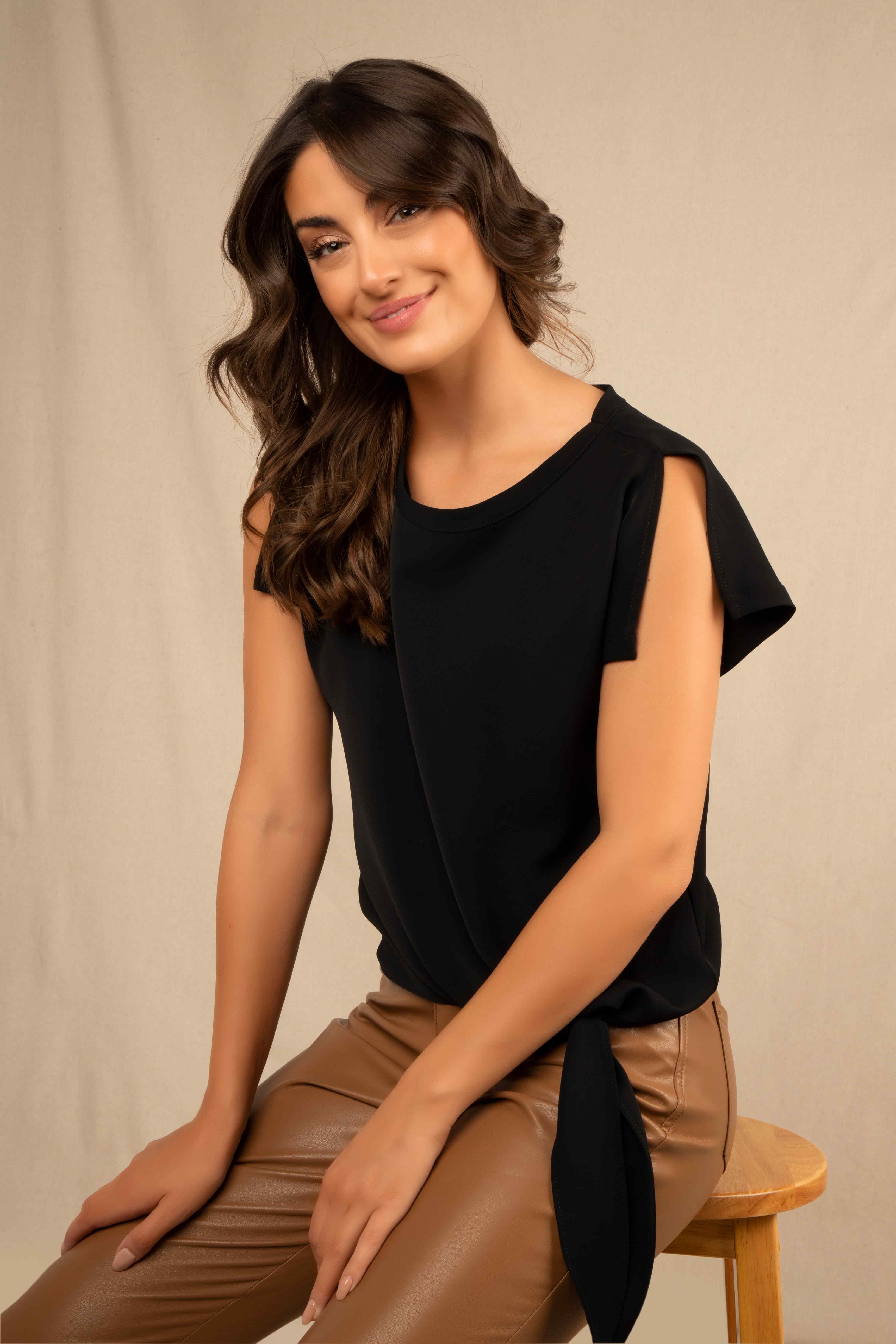 Women's Clothing FRANK LYMAN (181224) Short Sleeve Top with Side Tie in BLACK