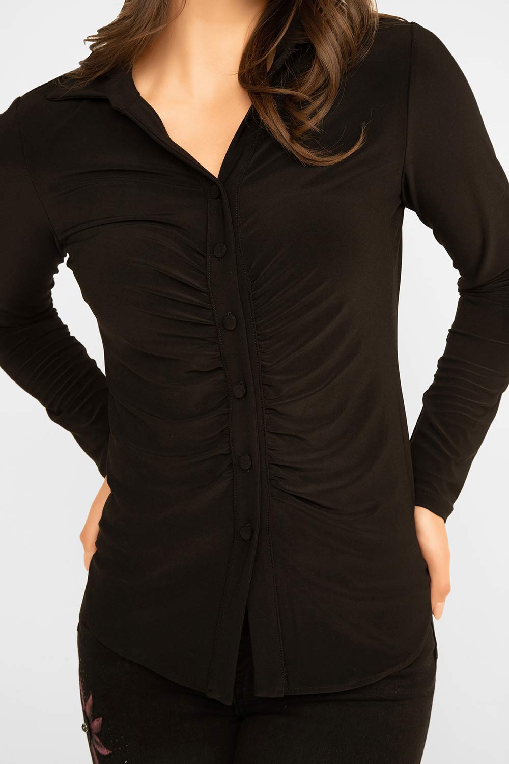 Women's Clothing FRANK LYMAN (233023) Ruched Button Up Shirt in BLACK