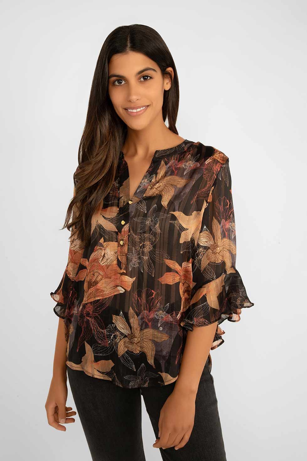Women's Clothing FRANK LYMAN (234524) Ruffle Sleeves Floral Blouse  in BLACK/BROWN