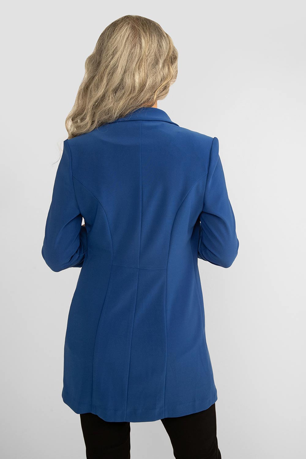 Back view of Frank Lyman (236005) Women's 3/4 Sleeve, Open Front Long Blazer in Royal Blue