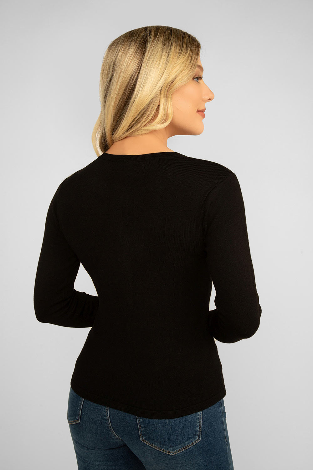 Back view of Soya Concept (39005) Women's Long Sleeve Lightweight Fitted Button Up Cardigan in Black