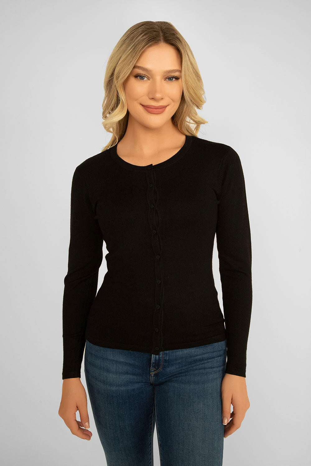 Front view of Soya Concept (39005) Women's Long Sleeve Lightweight Fitted Button Up Cardigan in Black