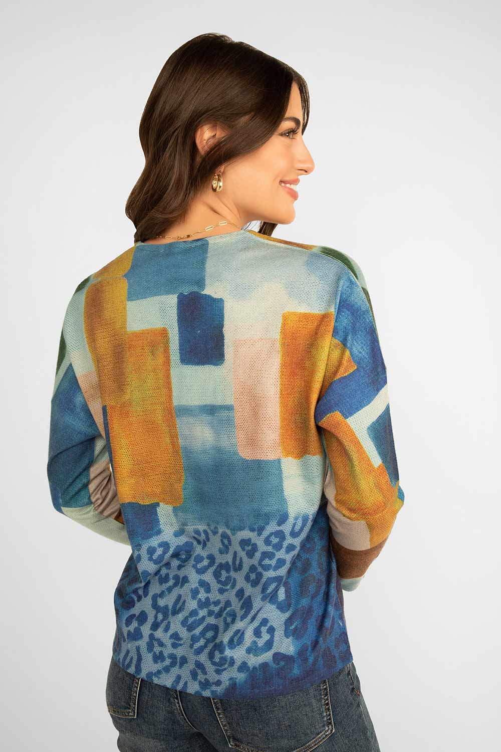 Women's Clothing CARRE NOIR (6542) Lightweight Block Print Sweater in BLUE