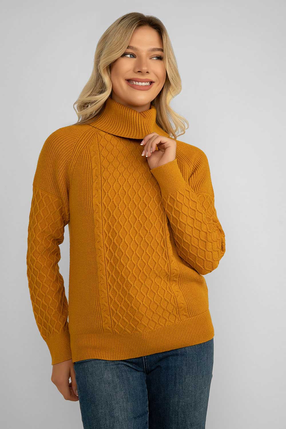Women's Clothing ALISON SHERI (A42066) Cable Knit Turtleneck Sweater in AMBER