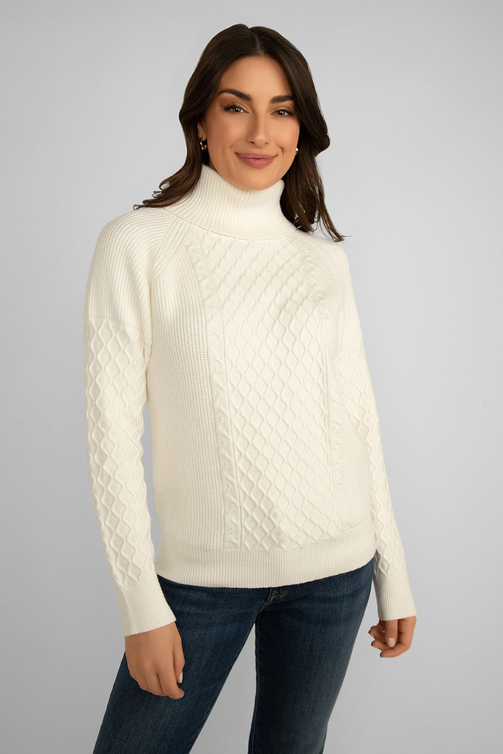 Women's Clothing ALISON SHERI (A42066) Cable Knit Turtleneck Sweater in OFFWHITE