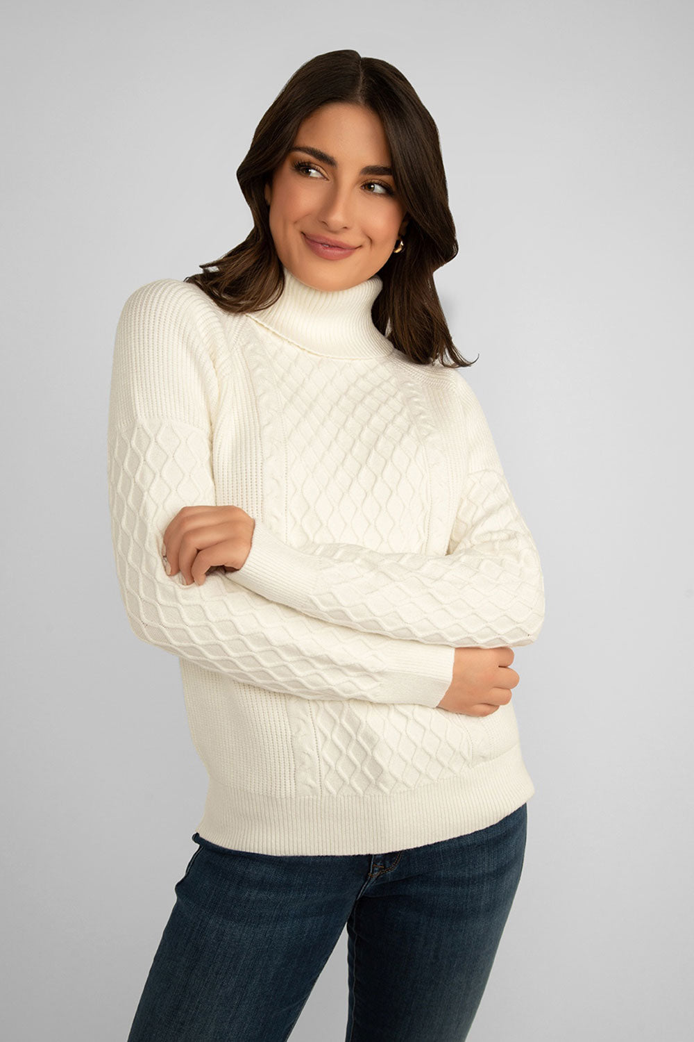 Women's Clothing ALISON SHERI (A42066) Cable Knit Turtleneck Sweater in OFFWHITE