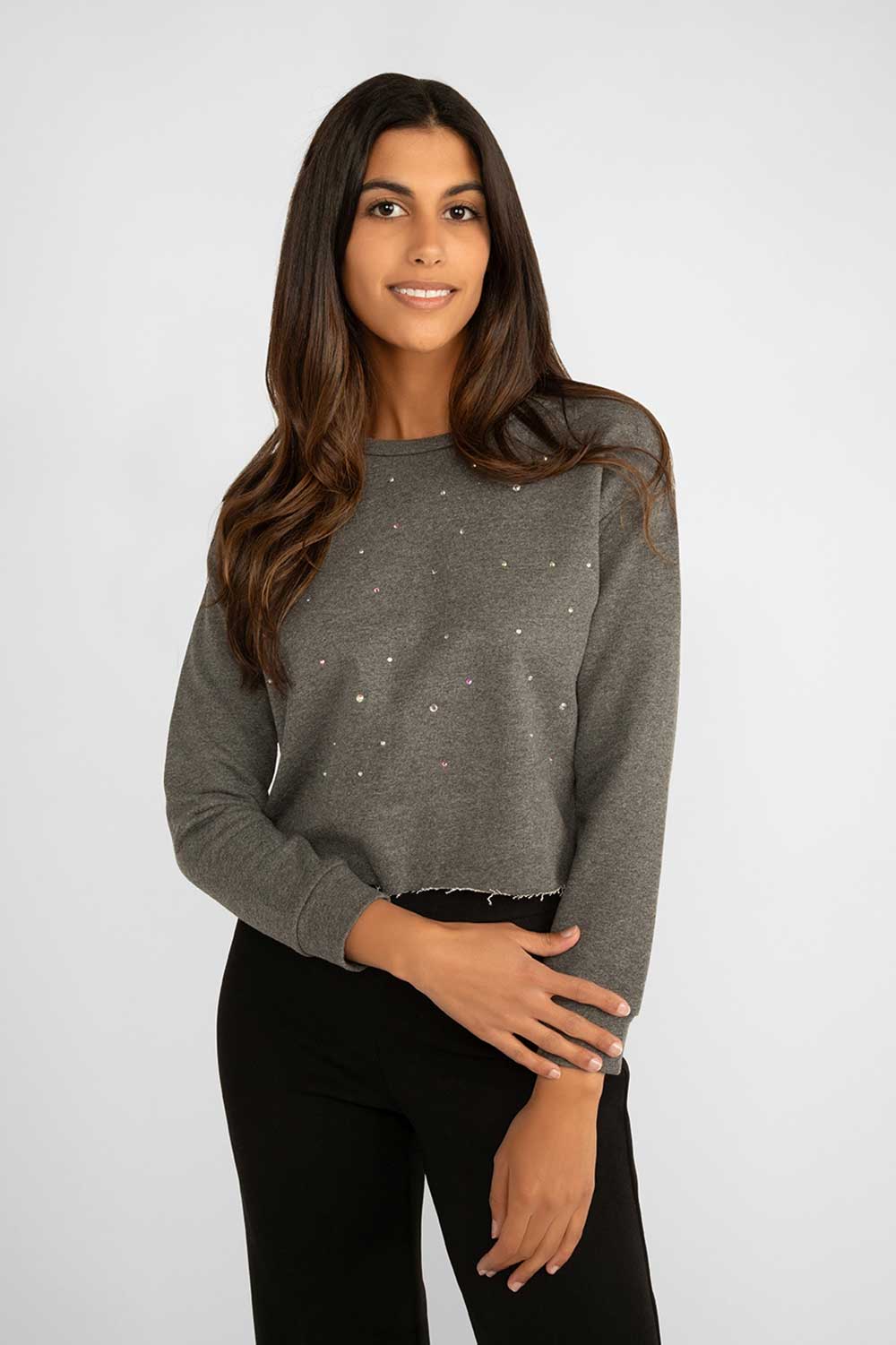 Women's Clothing FEMME FATALE (CEL24SWSH) Rhinestone Cropped Sweatshirt in CHARCOALGREY