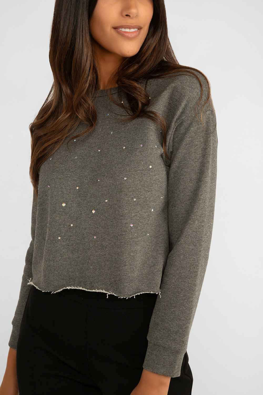 Women's Clothing FEMME FATALE (CEL24SWSH) Rhinestone Cropped Sweatshirt in CHARCOALGREY