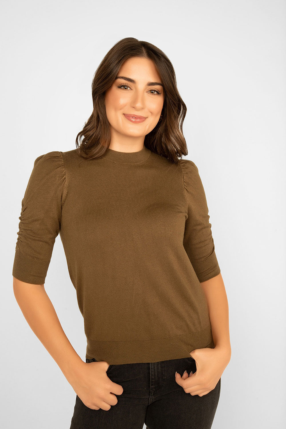 Women's Clothing ESQUALO (F2307539) Short Ruched Sleeve Sweater in ARMY