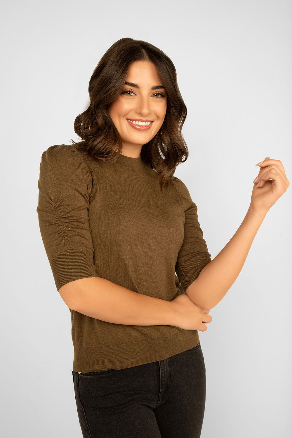 Women's Clothing ESQUALO (F2307539) Short Ruched Sleeve Sweater in ARMY