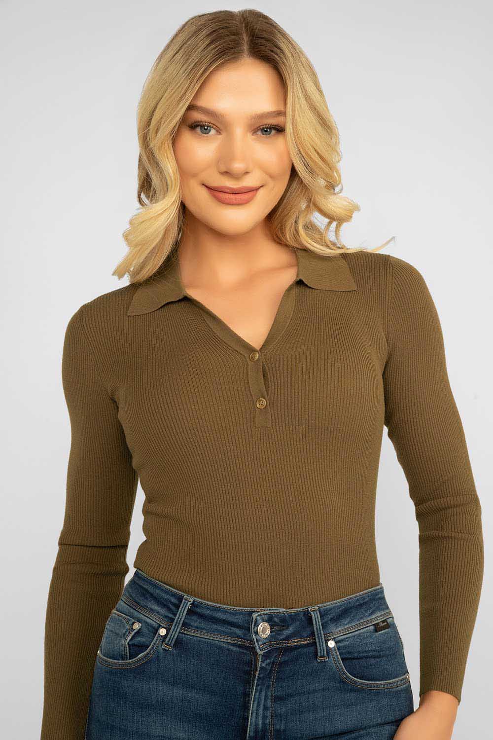 Women's Clothing ESQUALO (F2307542) Ribbed Polo Style Sweater in ARMYGREEN