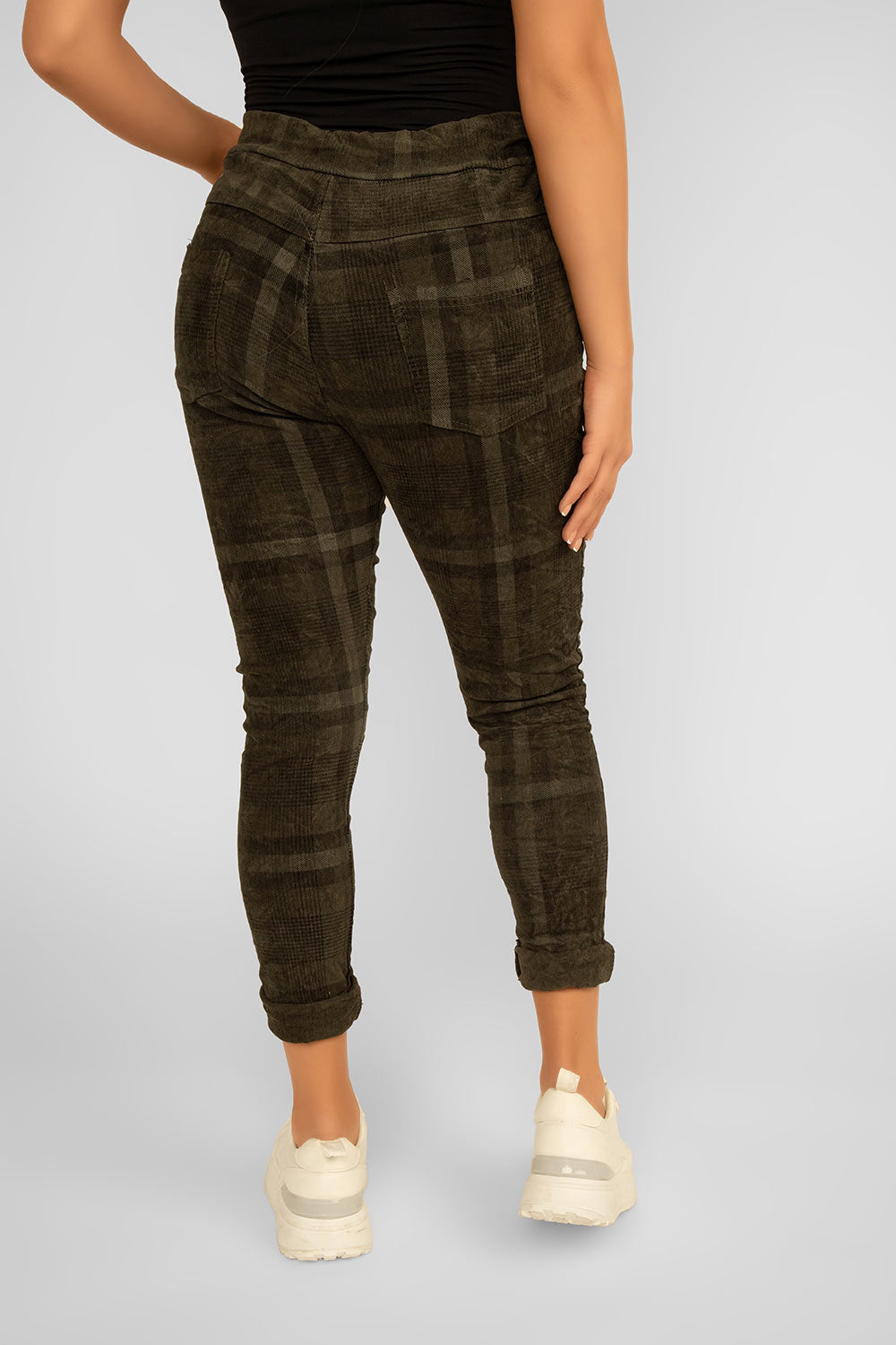 Women's Clothing ELISSIA (IU6175VS) Crinkle Plaid Pull-On Pants in OLIVE