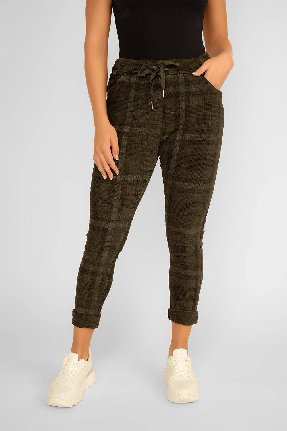 Women's Clothing ELISSIA (IU6175VS) Crinkle Plaid Pull-On Pants in OLIVE