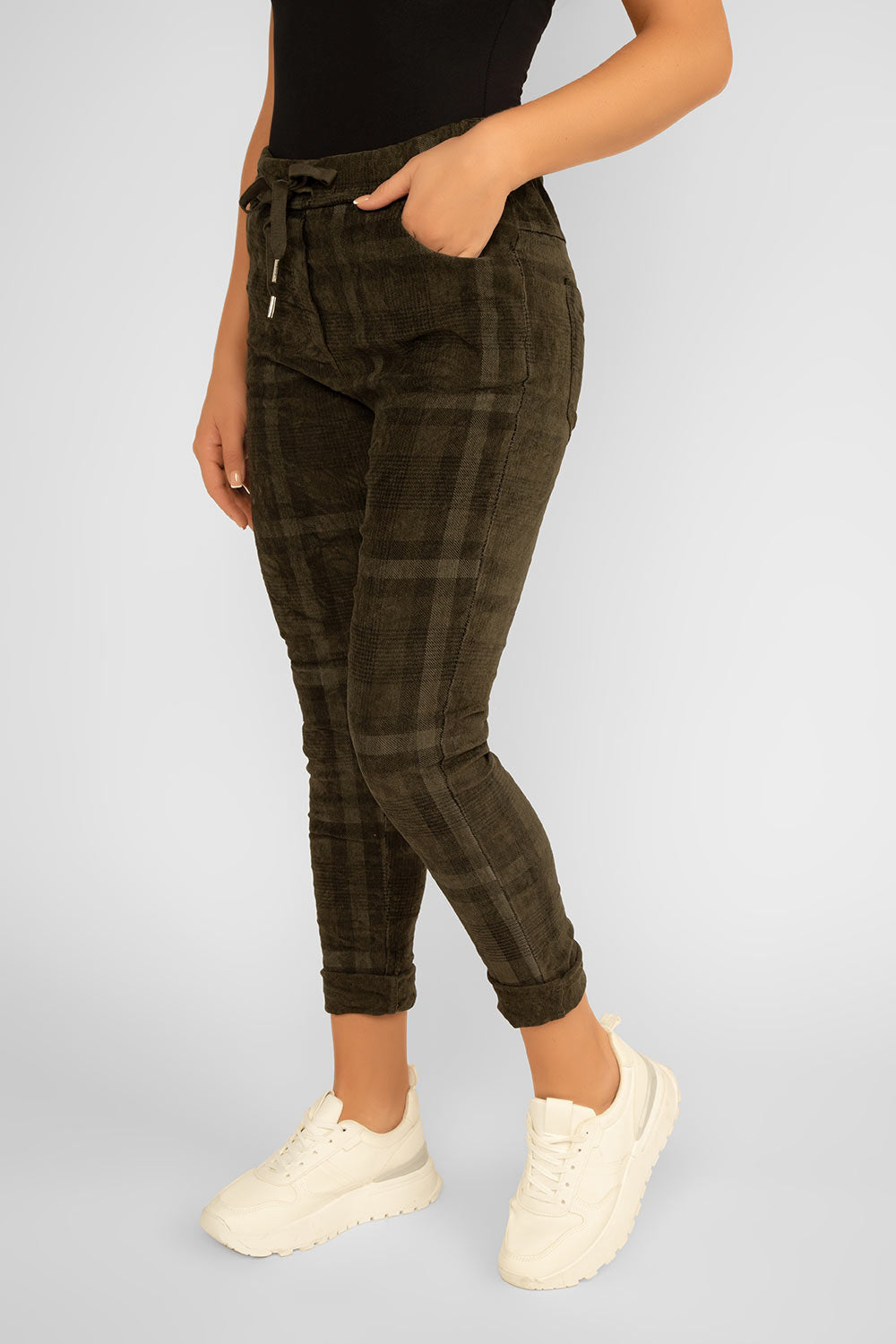 Women's Clothing ELISSIA (IU6175VS) Crinkle Plaid Pull-On Pants in OLIVE