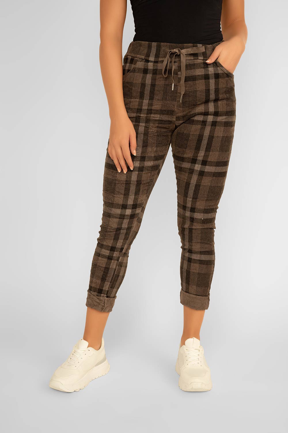 Women's Clothing ELISSIA (IU6175VS) Crinkle Plaid Pull-On Pants in TAUPE