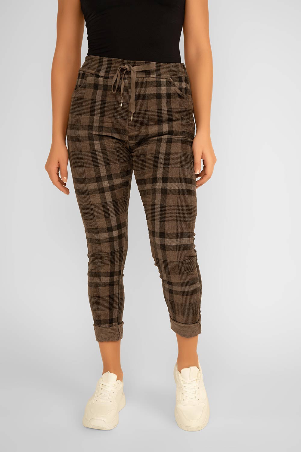 Women's Clothing ELISSIA (IU6175VS) Crinkle Plaid Pull-On Pants in TAUPE