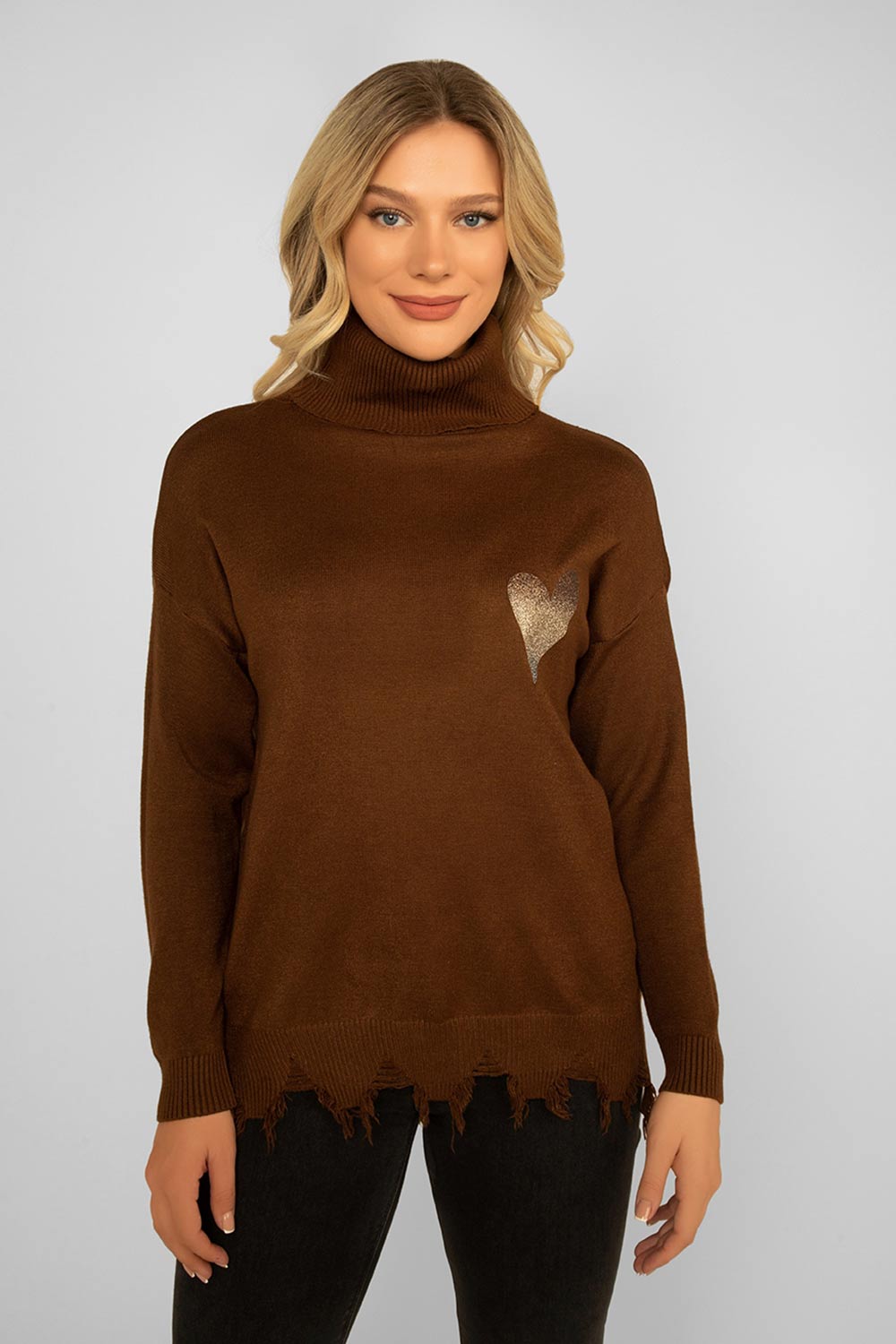 Women's Clothing ELISSIA (LV8072-1) Turtleneck Ripped Hem Heart Sweater in CHOCOLATE
