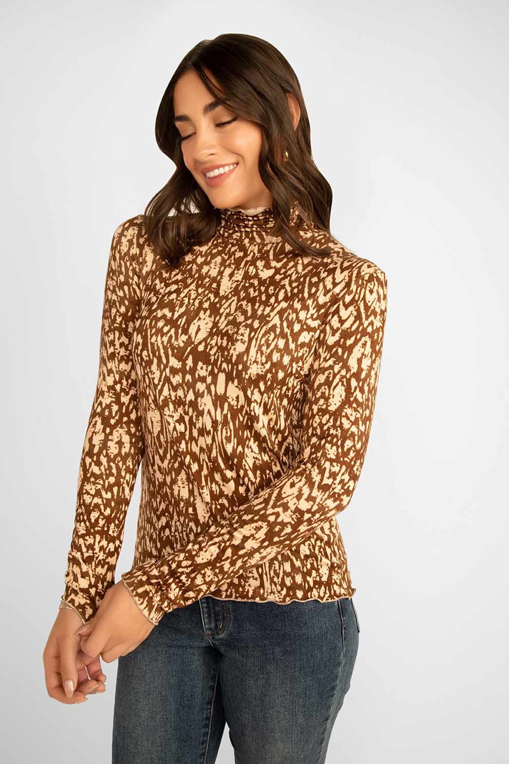 Women's Clothing ELISSIA (MY10079-1C) Printed Turtleneck Top in CHOCOLATE