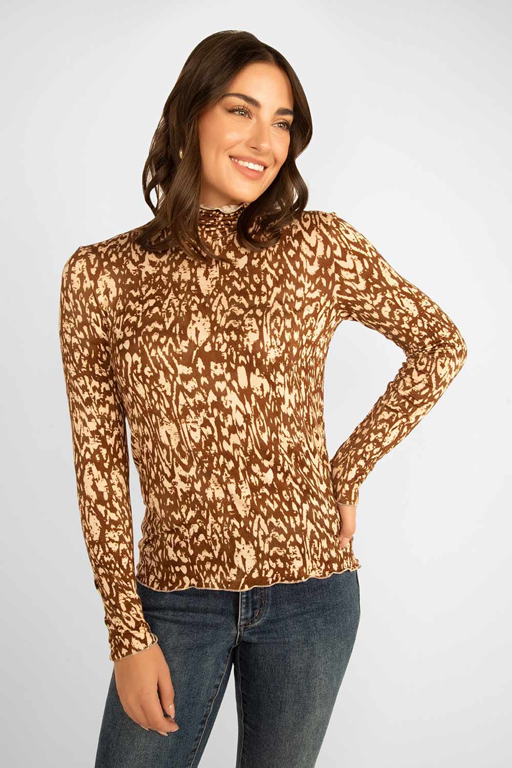 Women's Clothing ELISSIA (MY10079-1C) Printed Turtleneck Top in CHOCOLATE