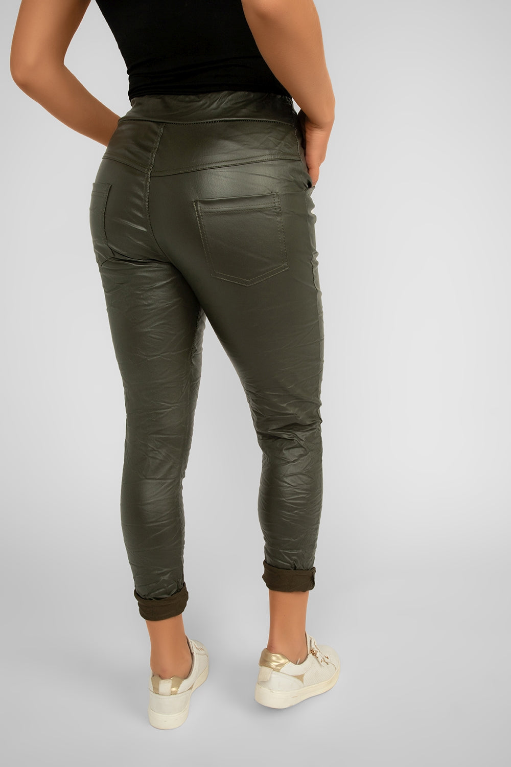 Women's Clothing ELISSIA (NF10930-2) Coated Pull-On Crinkled Pants in OLIVE