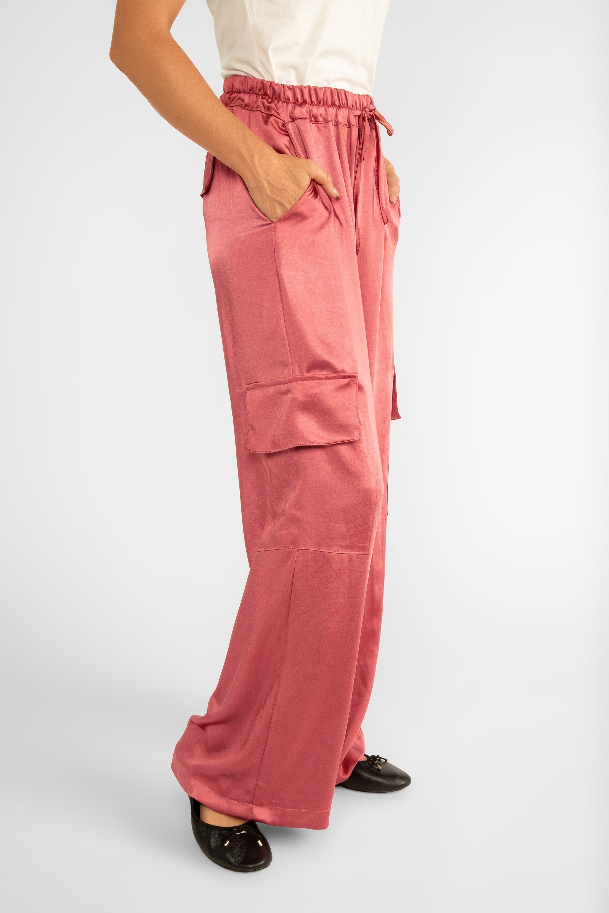 Astrid (11-30302F) R&B Cargo Pant - Women's Wide Leg Draw String Cargo Pants in Dusty Pink Satin