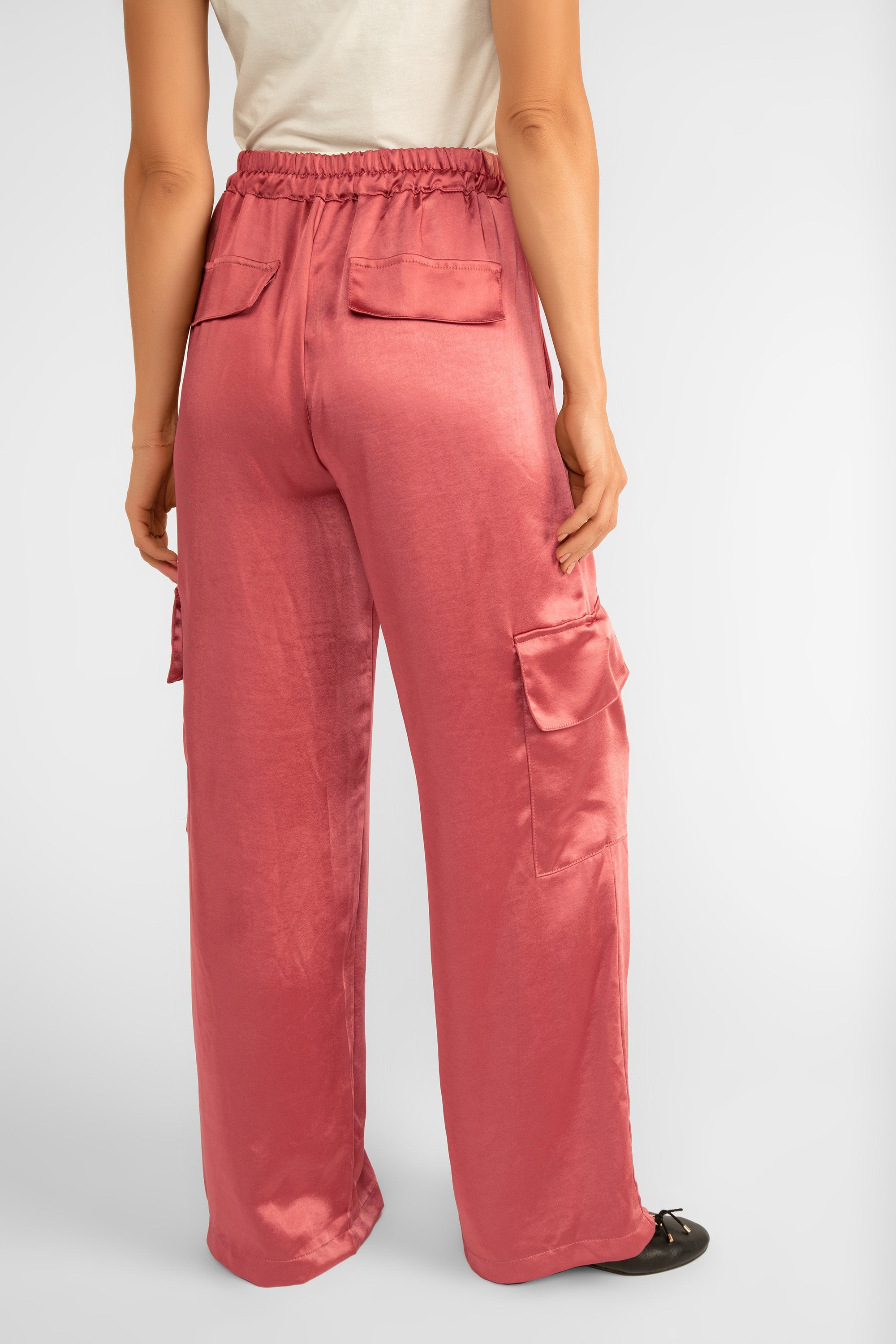 Back view of Astrid (11-30302F) R&B Cargo Pant - Women's Wide Leg Draw String Cargo Pants in Dusty Pink Satin