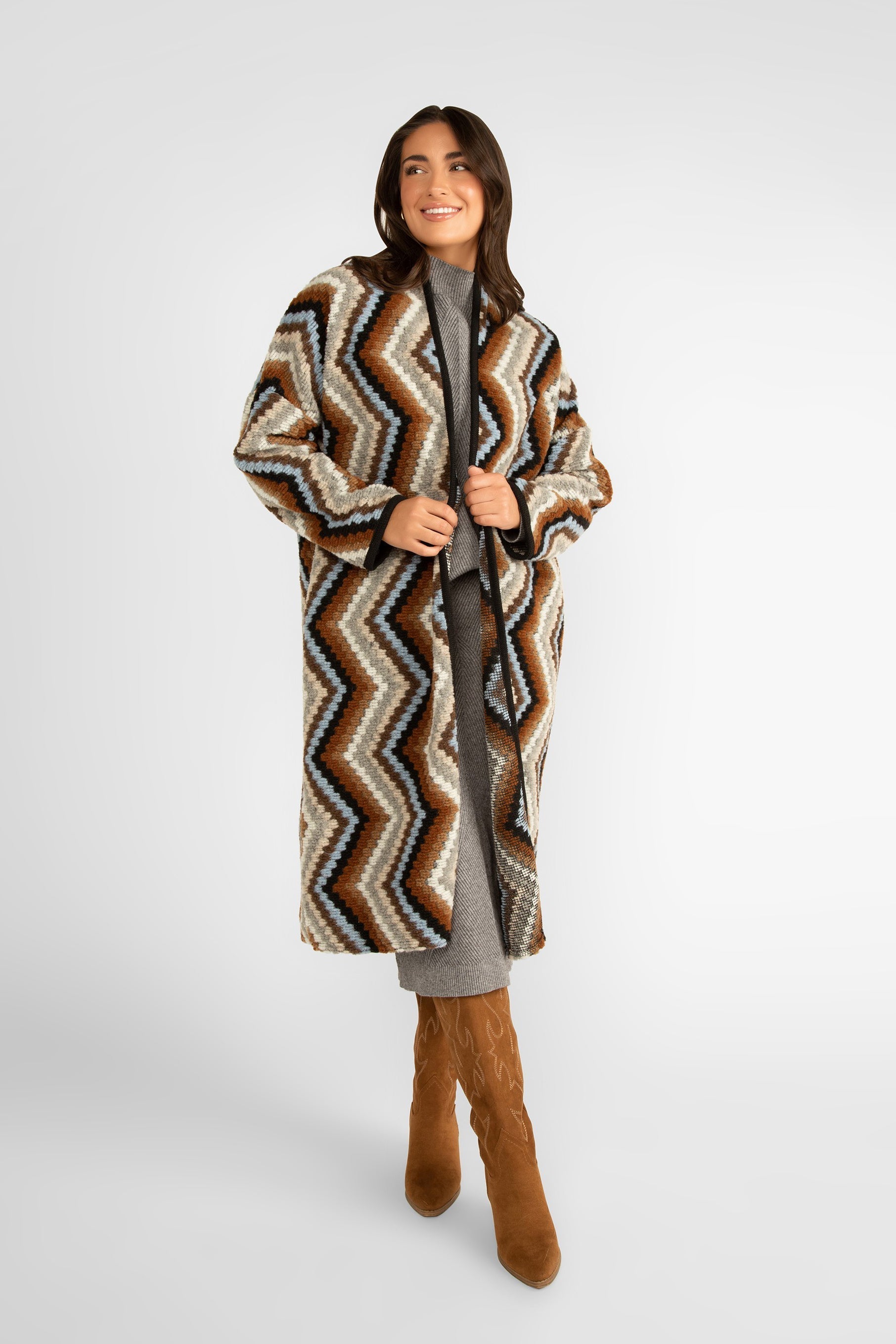 Astrid (17-W232F) Coachella Coat - Women's Long Sleeve, Open Front, Long Line Cardigan in a Quilted Chevron Pattern of Browns & Blue