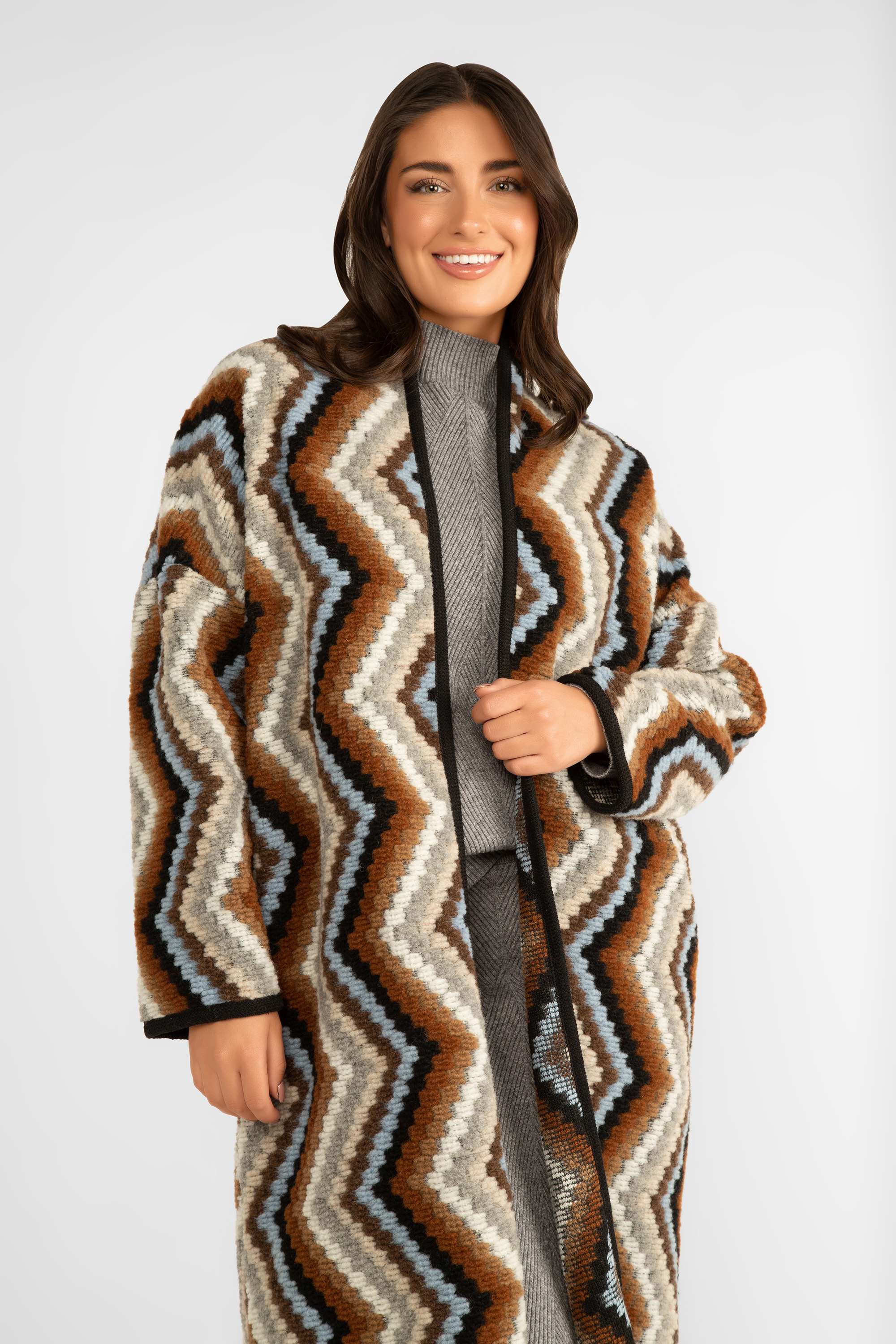 Astrid (17-W232F) Coachella Coat - Women's Long Sleeve, Open Front, Long Line Cardigan in a Quilted Chevron Pattern of Browns & Blue